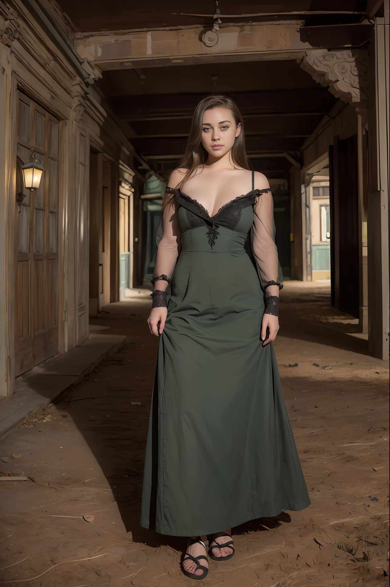 ((artistic photography)))dark green sensual Victorian dress,((night photography))Lauren Jauregui,((urban installation))full scale,((colloquial))happy and smiling.