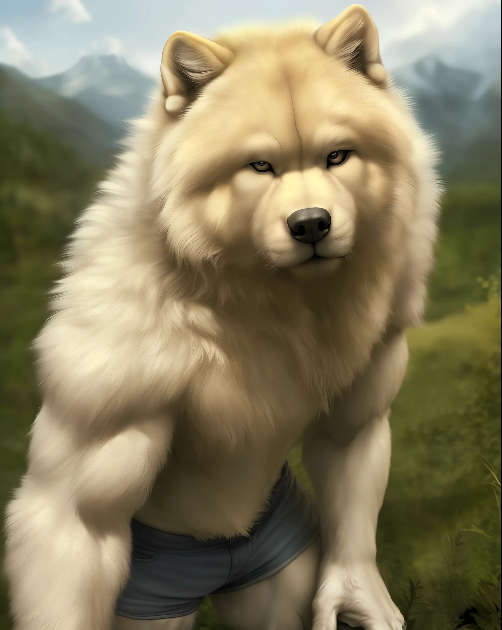 anthro (chow chow white), male, adult, muscular, shorts, , claws, looking at the viewer, (by the realistic, detailed texture of the fur: 1.2), detailed background, wild background, photorealistic, hyper realistic, ultra detailed,