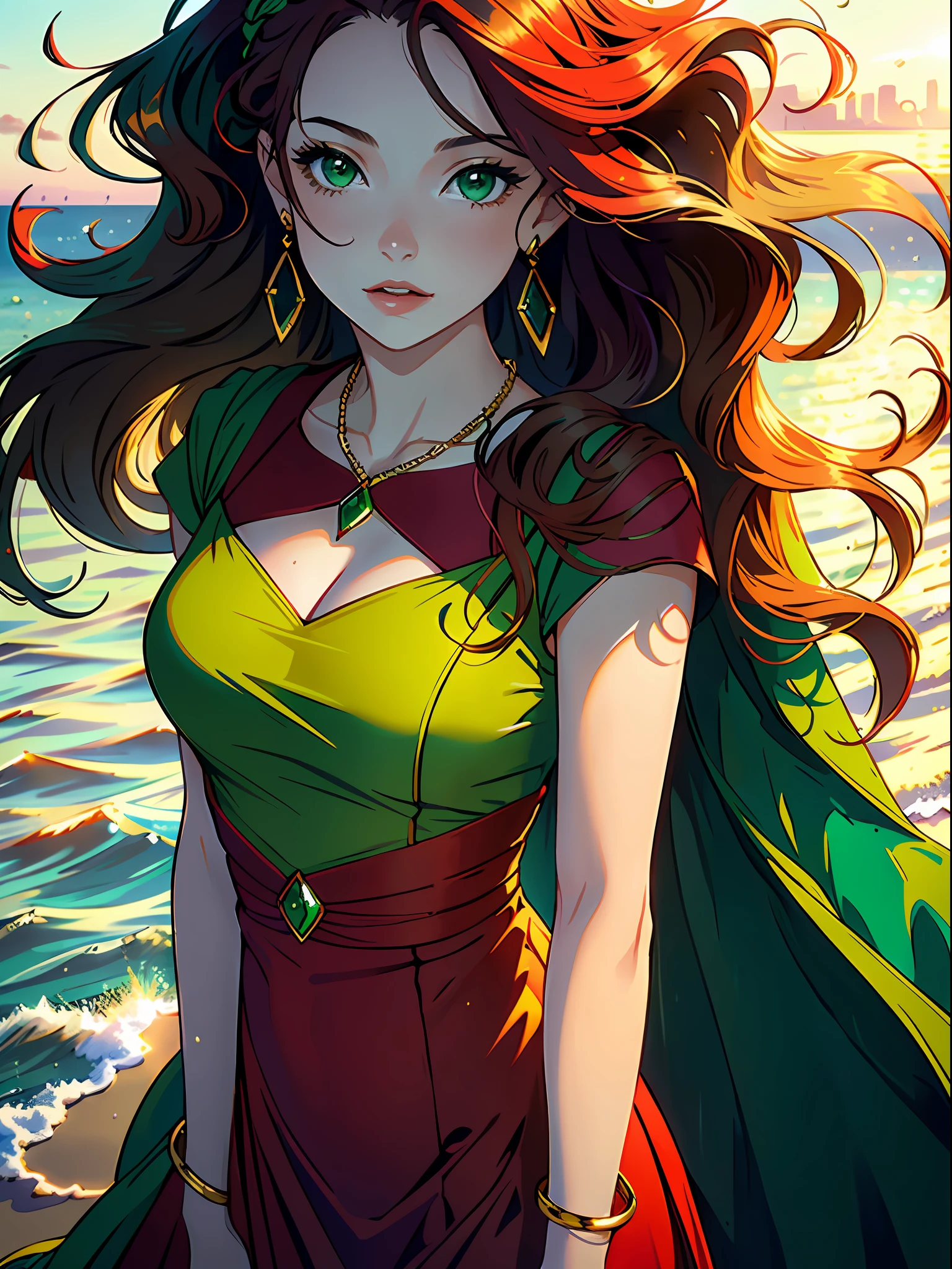 (best quality, masterpiece), close-up, portrait, 1 girl, solo, (red, long wavy hair), (emerald eyes), golden earrings, elegant necklace, (long party dress, green color with golden details) (sunset sea background)