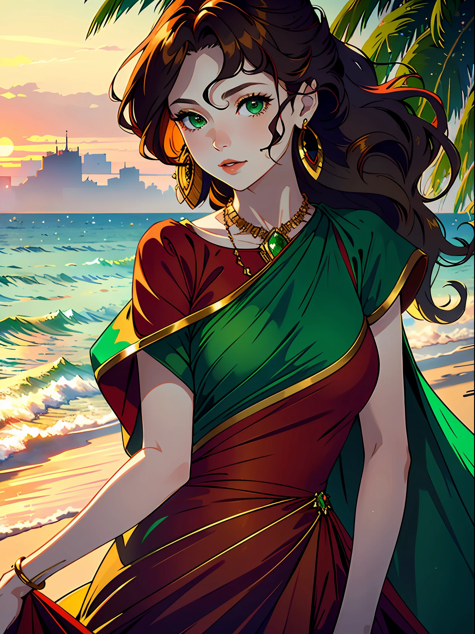 (best quality, masterpiece), close-up, portrait, 1 girl, solo, (red, long wavy hair), (emerald eyes), golden earrings, elegant necklace, (long party dress, green color with golden details) (sunset sea background)