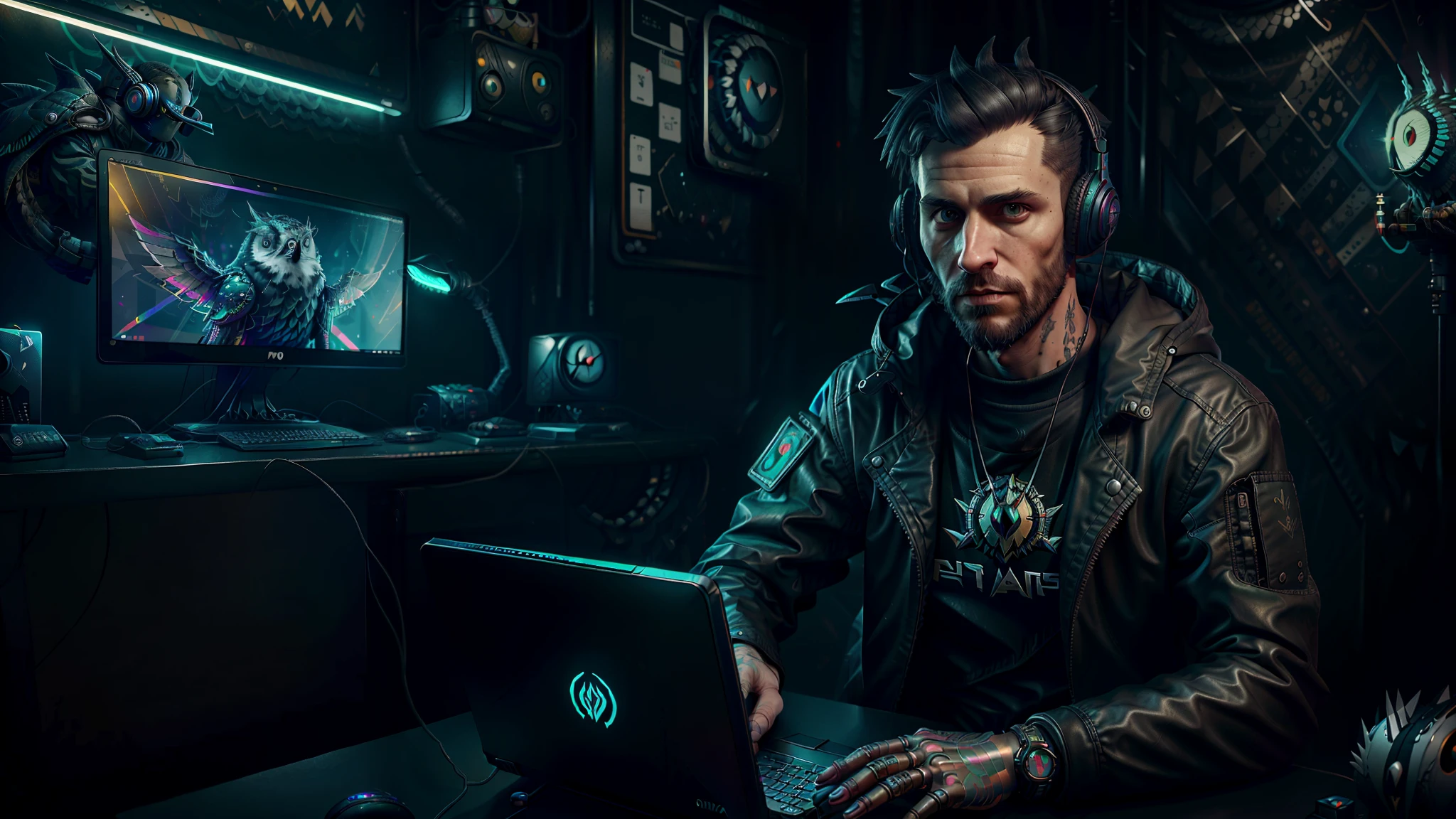 a man wearing a black jacket, with headphones, sitting in front of a computer, computer in the background, cyberpunk style, with an owl on his lap, ornaments on his feathers, computer graphics by Paul Kelpe, winner of the pixabay contest, computer art, rendered in cinema4d, rendered in unreal engine, rendered in maya,