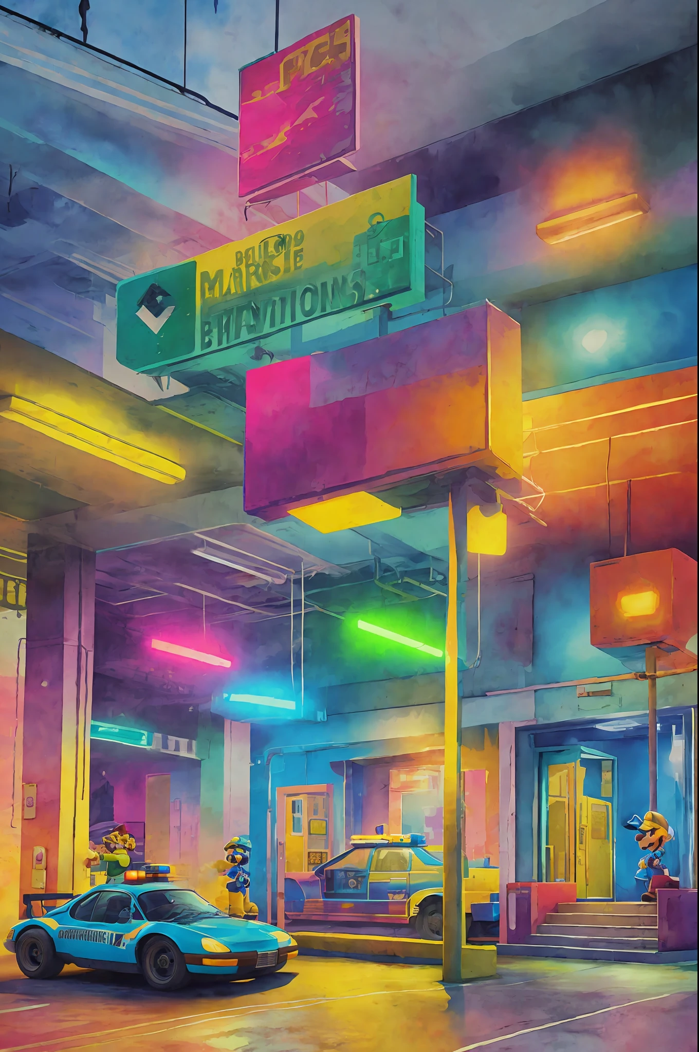 Mario Bros, police station, brazil, synthwave watercolor painting on canvas trends in artstation dramatic lighting abstract expressionism pastel tones shades (hd) golden ratio details aesthetics octane rendering excellent composition natural textures 8k oil painting masterpiece canon eos r4s 5