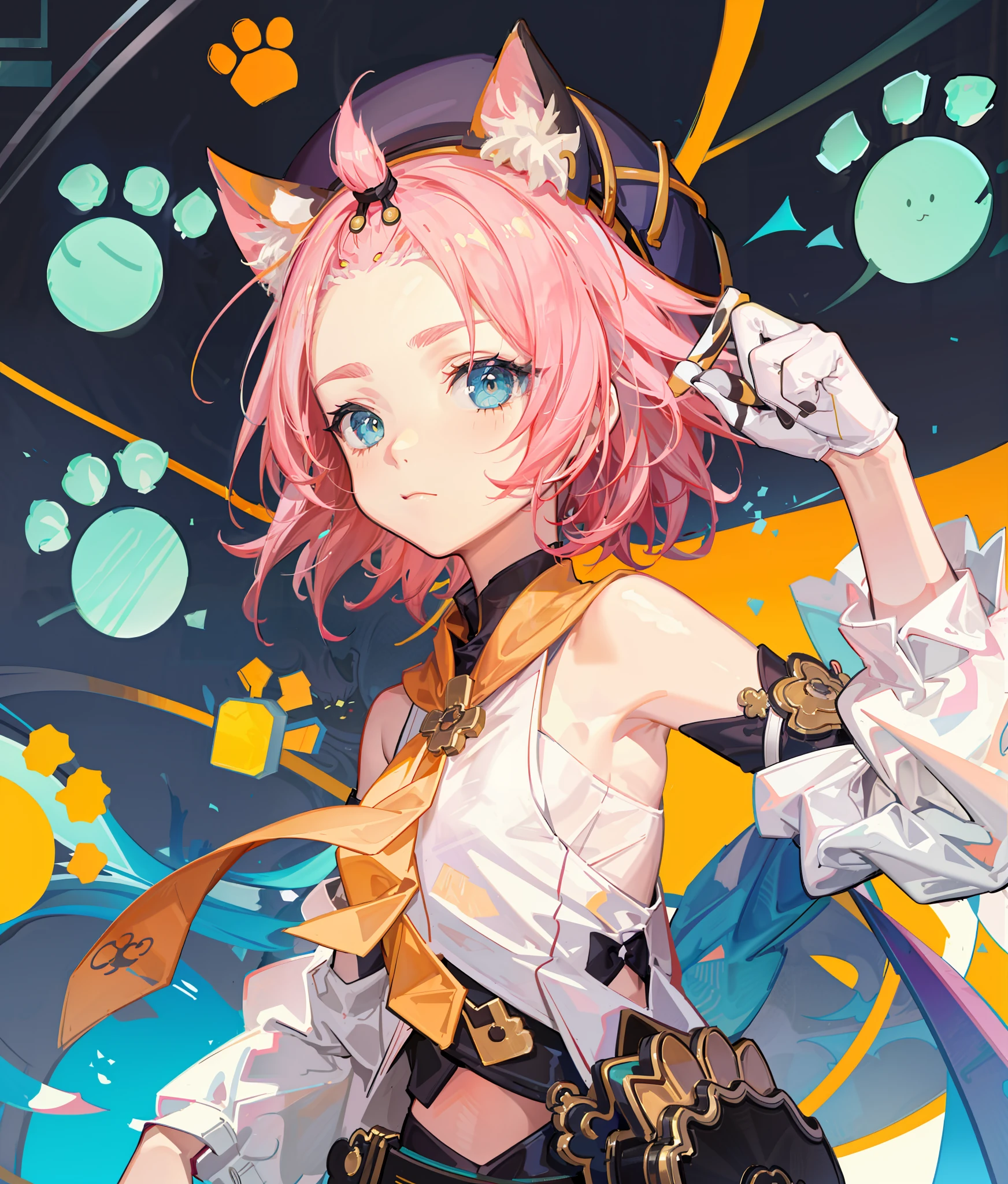 (flat color:0.9),(colorful:1.1),(masterpiece:1,2), best quality, masterpiece, highres, original, extremely detailed wallpaper,1girl,solo,cat Girl, short pink hair with cat ears, teal eyes, white sleeveless top, separate sleeves, black shorts, side bag in a shape of cat paw, yellow tie, holding a bottle in her hand, cat paw pattern on background