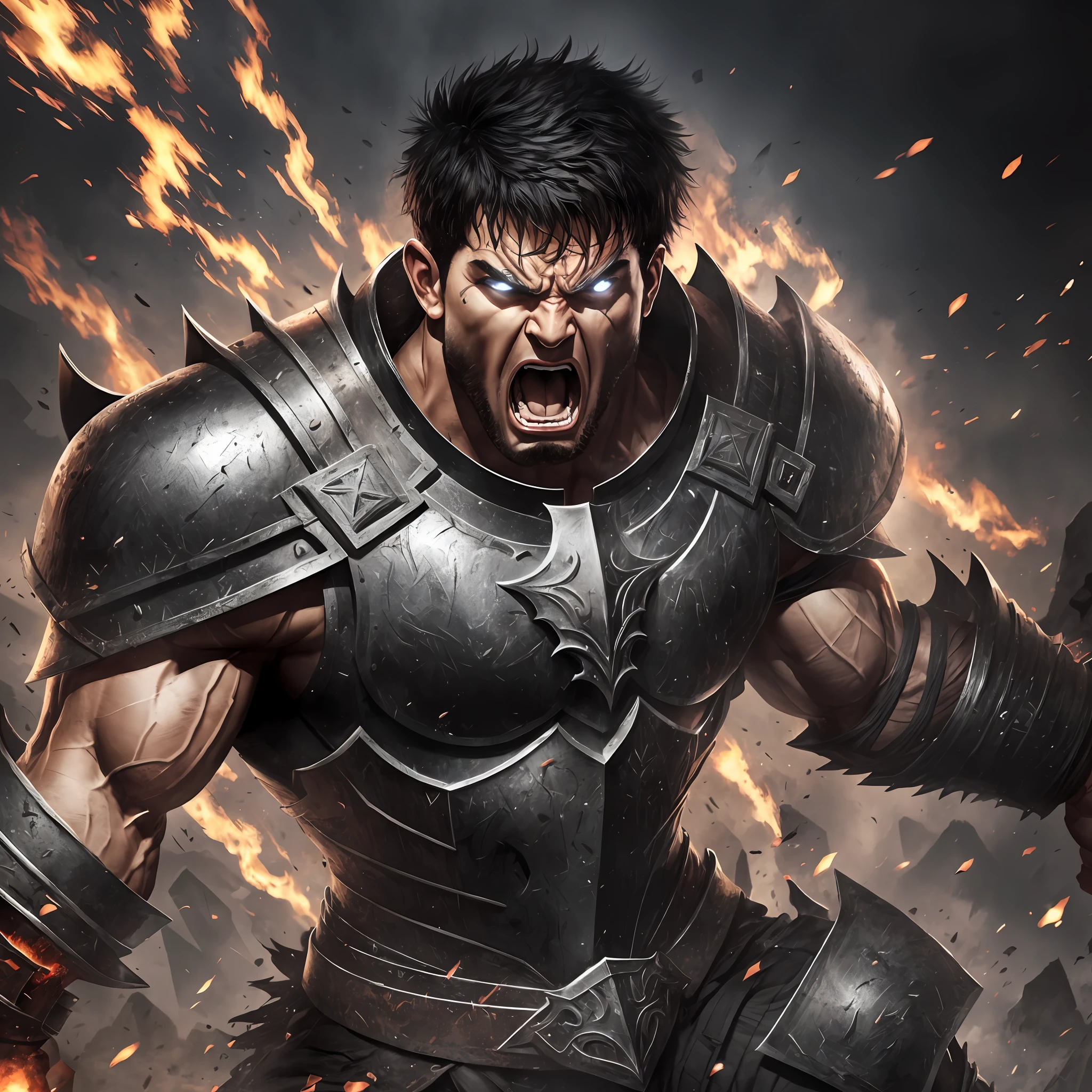 Young, Muscular, rage, berserk, Man, muscular, short Black Hair, eye Scratch, Screaming, Using a Black armor, powerful, standing a square, , Realistic, Full HD, best quality