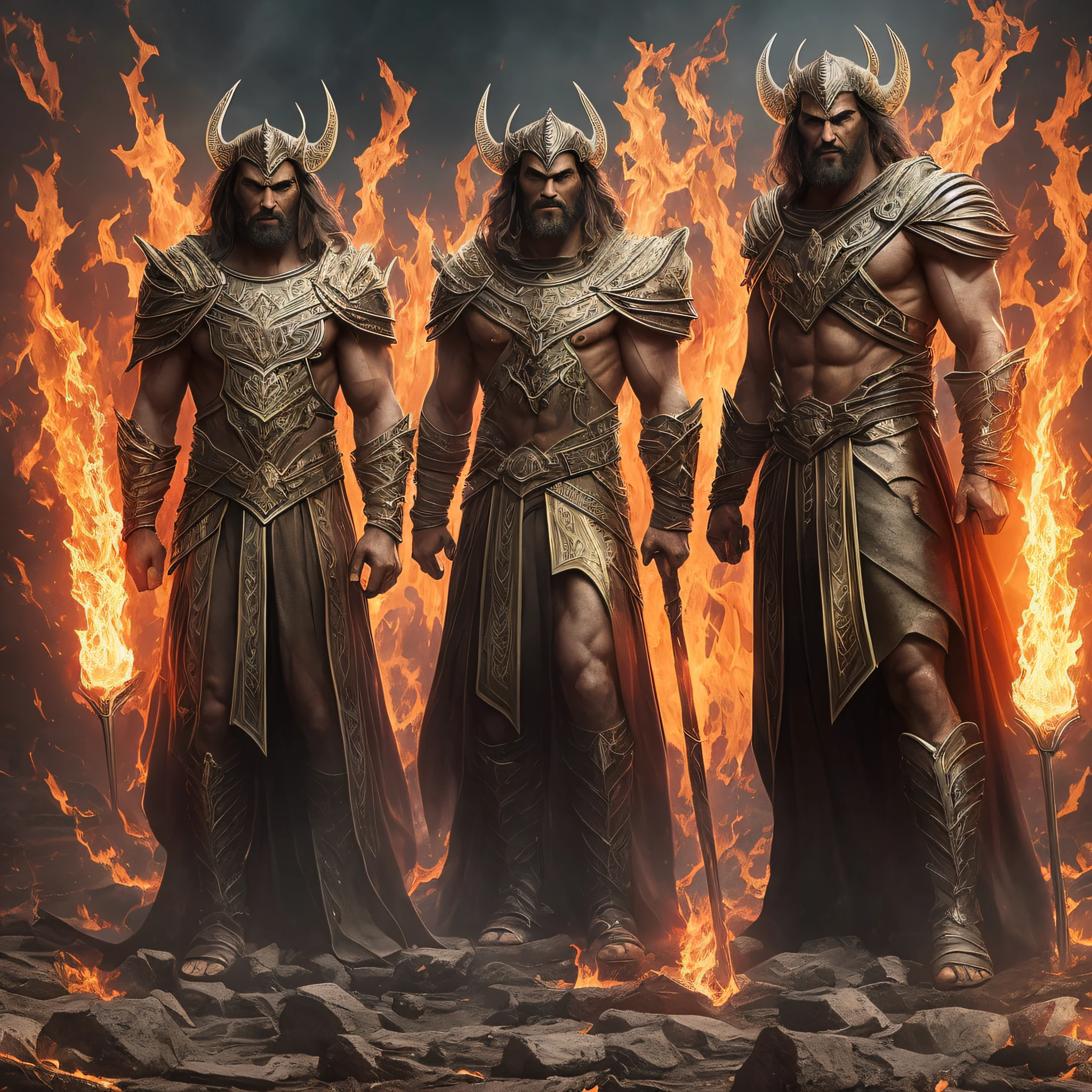 Create an image in 4k, humanized, with 3 men judges of hell, powerful marquzes, sons of Zeus, With human in front of you, with facial expression of cruelty, of demonic, giving order, with a background of underworld, dark and with fire. With clothes of sons of Zeus --auto --s2