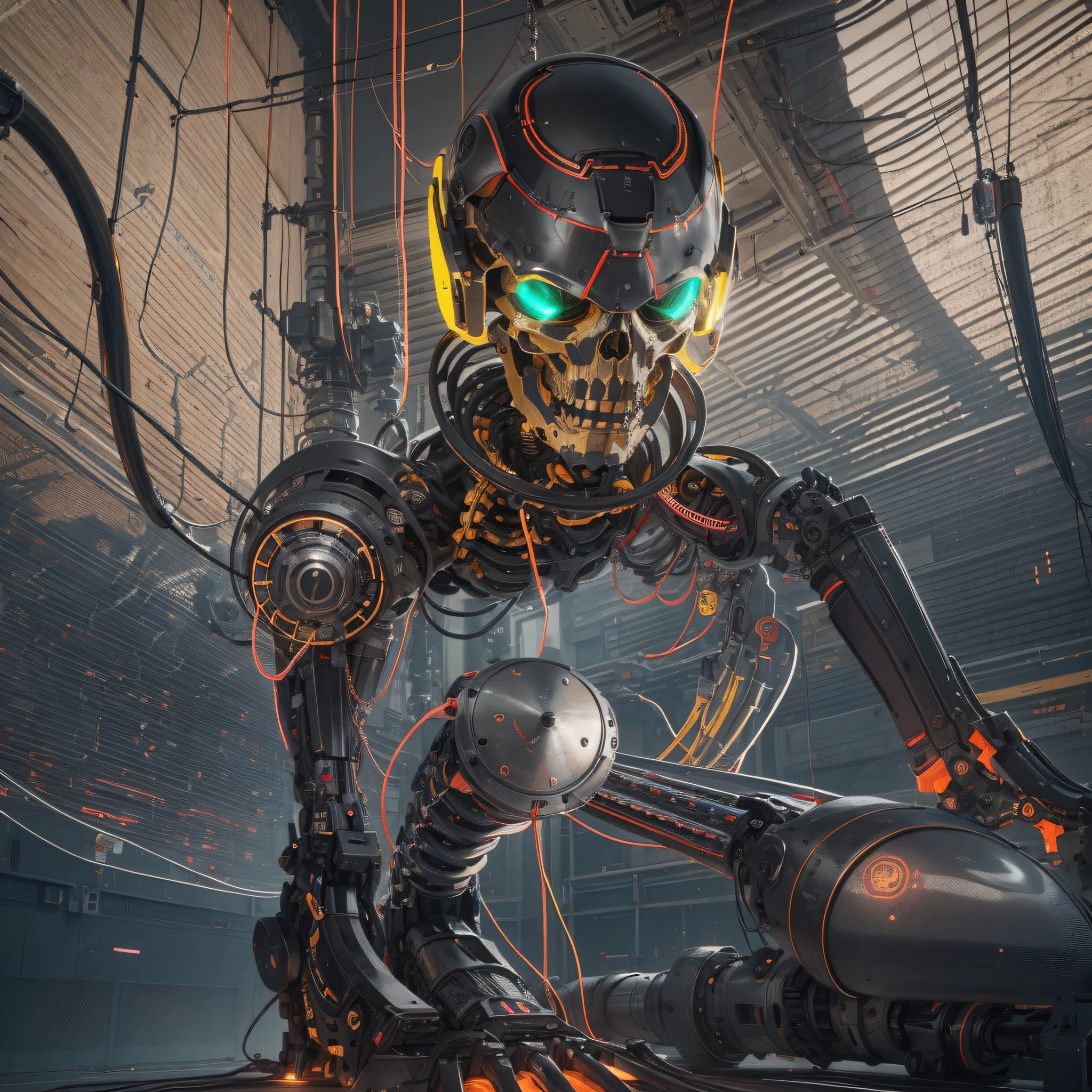 Standing on the factory assembly floor, ((surreal details)) a giant mechanical skeleton warrior with a nuclear reactor on his chest, portable miniature nuclear reactor, portrait, global illumination, shadows, octane rendering, 8k, super sharp, metallic, complex, ornamental detailed, cool colors, Egyptian details, highly complex details, realistic light, popular on cgsociety, glowing eyes, facing camera, neon details, mechanical limbs, sitting, wires and cables attached to the head, panorama, full body, --auto --s2