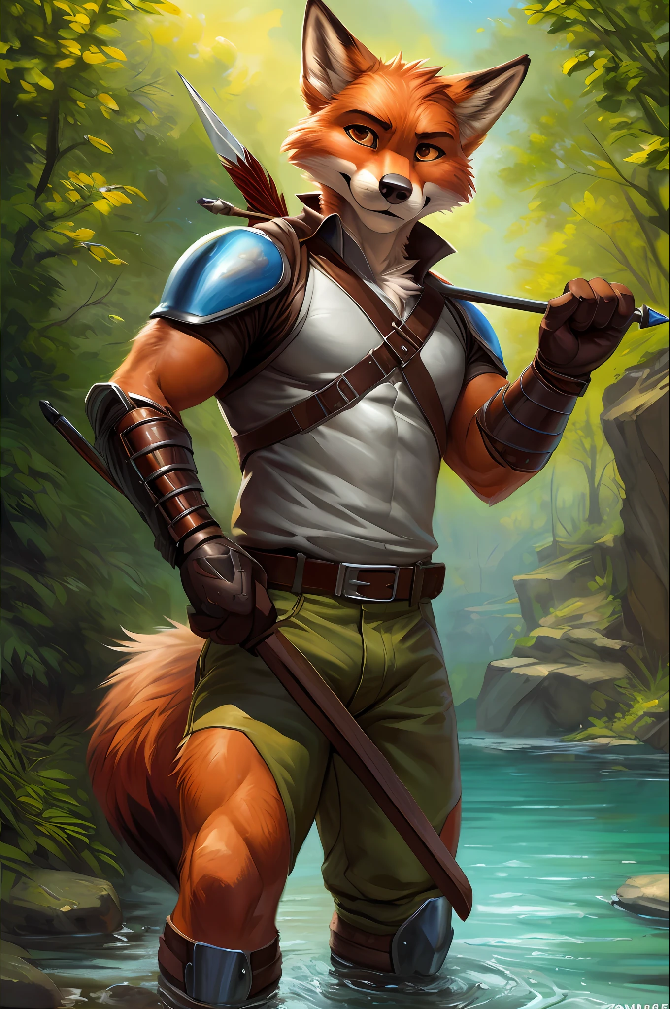 realistic, surrounded by pool of blood, an oil painting of a raging anthro fox in a battle, action scene, draws the string of a wood ranger bow weapon, holding a bow in right hand, a male ranger-scout fox Nick Wilde in ninja armor, arrows, fox tail, professional quality art by (Ross Tran:1.1), Kenket, Silverfox, Artgerm, (Extremely Detailed Oil Painting:1.2), Hand drawn, ArtStation, intricate details, sharp focus, dramatic, photorealistic painting art by midjourney and Chunie, sharp contrast, many colours, serious face, smirking,