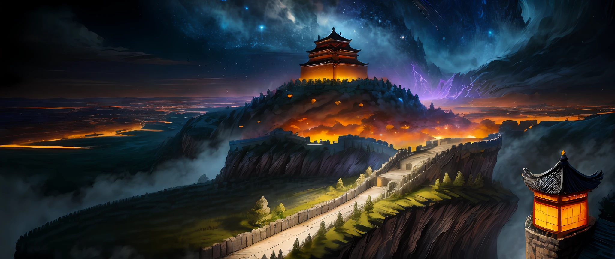 fusion of wall of china seen from above with shiganshina wall from attack on titan, shingeki no kyojin (masterpiece, illustration, best quality, detailed, highres: 1.4), at a distance, colorful, vibrant, lush, volumetric lighting, contrast, at a distance, depth of field, scenery, landscape painting, concept art, small intricate details, stylized, overcast sky, starry night sky in moonlight Fantasy,  Ancient scenery of the kingdom city surrounded by huge walls and high walls [Colosseum|sacred|basilica] snow, waterfall, trees blooming grass flowers Rocky mountains and forest snow in the background, (magic of fantasy:1.4)