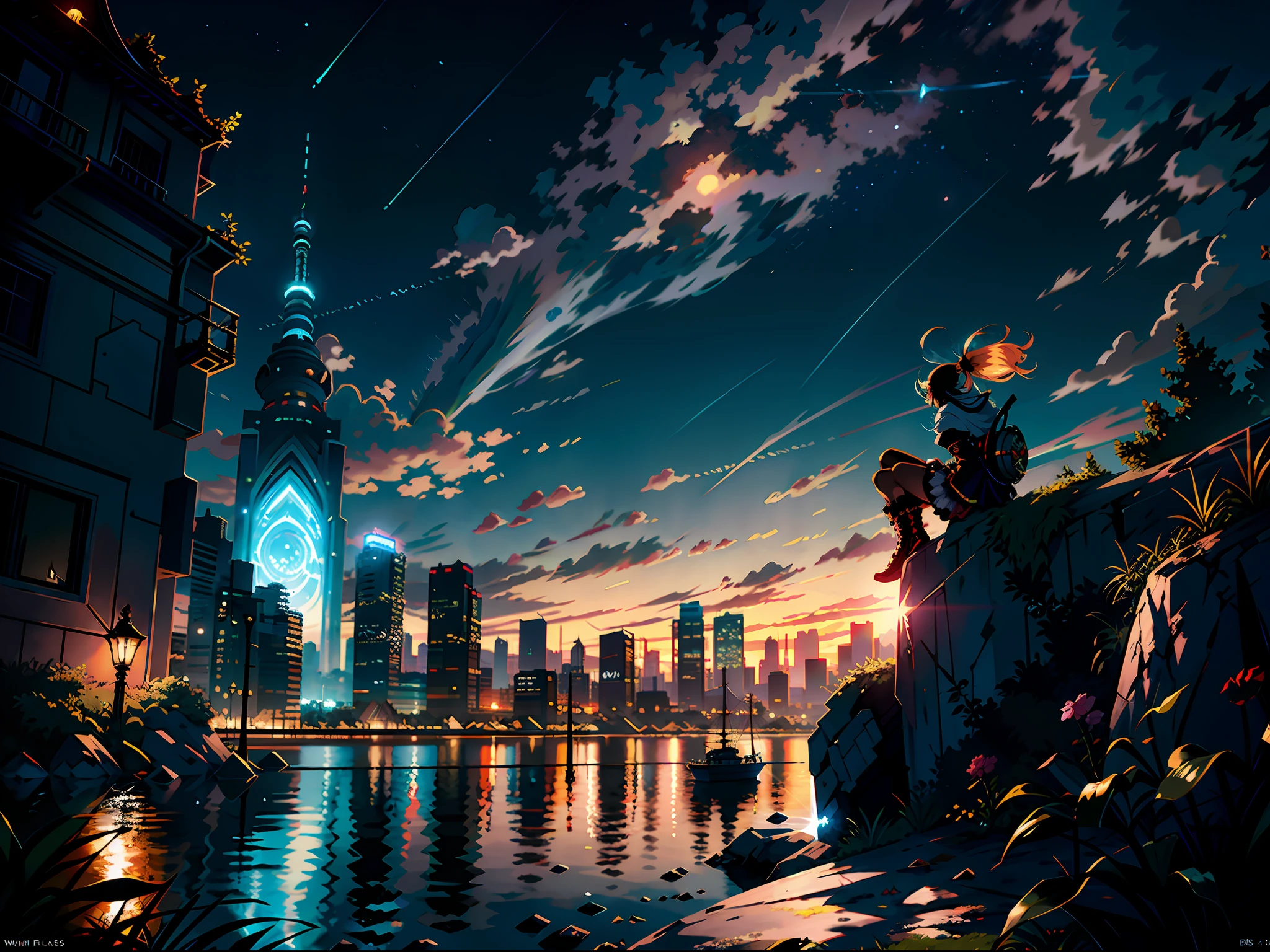 anime girl sitting on a ledge overlooking a city and a river, best anime 4k konachan wallpaper, 2. 5 d cgi anime fantasy artwork, intricate ornate anime cgi style,BREAK,Detailed,Realistic,4k highly detailed digital art,octane render, bioluminescent, BREAK 8K resolution concept art, realism,by Mappa studios,masterpiece,best quality,official art,illustration,ligne claire,(cool_color),perfect composition,absurdres, fantasy,focused,rule of thirds