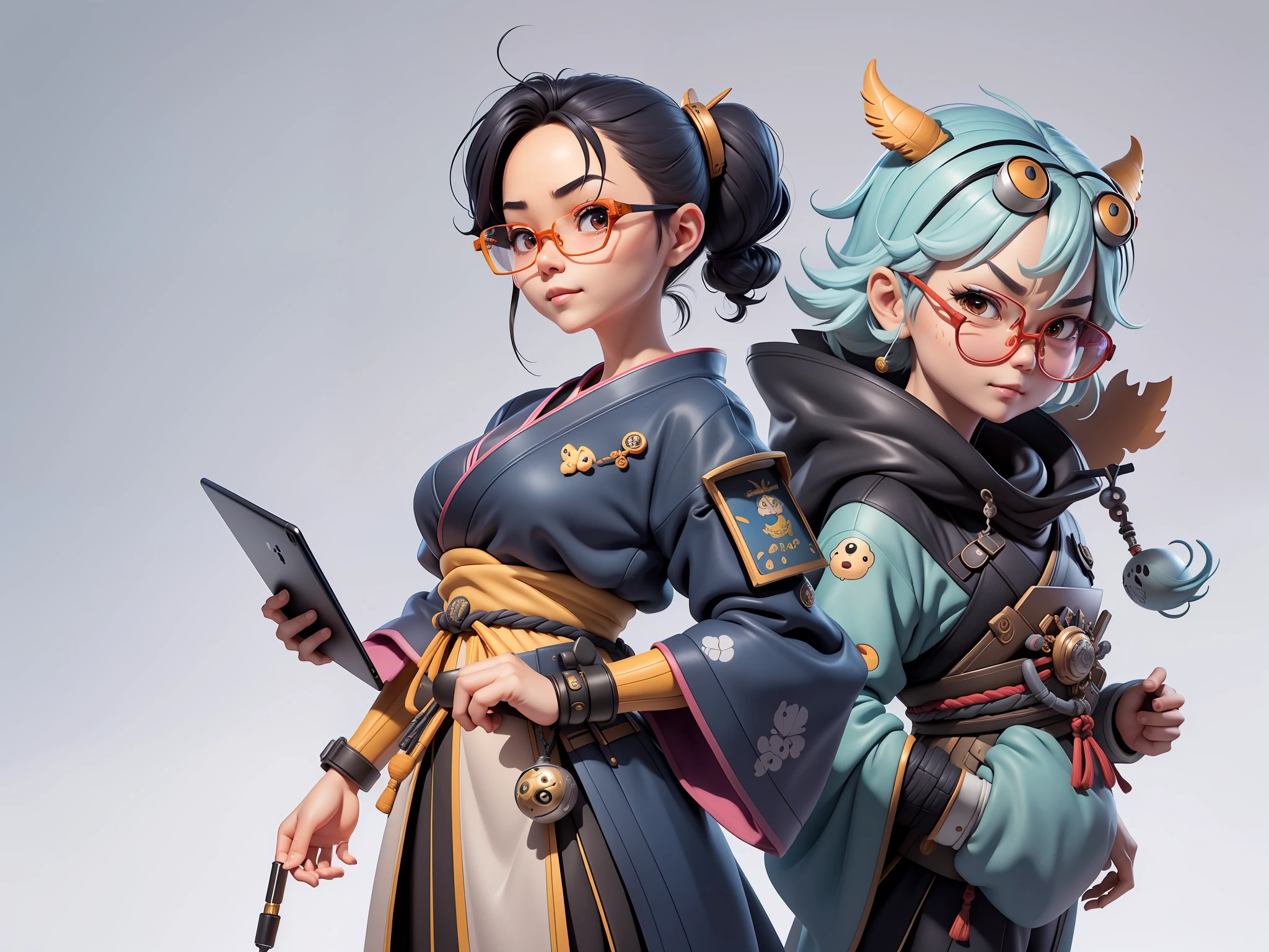 (Masterpiece), (Extreme Quality), (Super Meticulous), (Full Body: 1.2), Super Young Woman, Japanese Female Samurai Beautiful, Dragon, Sexy, Bursting, Oriental Face, TV Anchor, Bust Portrait Illustration, Alone, Black Suit, Blue Tie, Silver Glasses, Slightly Chubby Face, Very Clean Face, No Beard, Black Super Short Hair, Black Eyes, Confident Smile, 3c Computer Sub-Products, iPad, iPhone, Digital Painting, 3D Character Design by Mark Claireldon and Pixar and Hayao Miyazaki, The illustration is a high-definition illustration in 4K resolution with very detailed facial features and cartoon-style visuals.