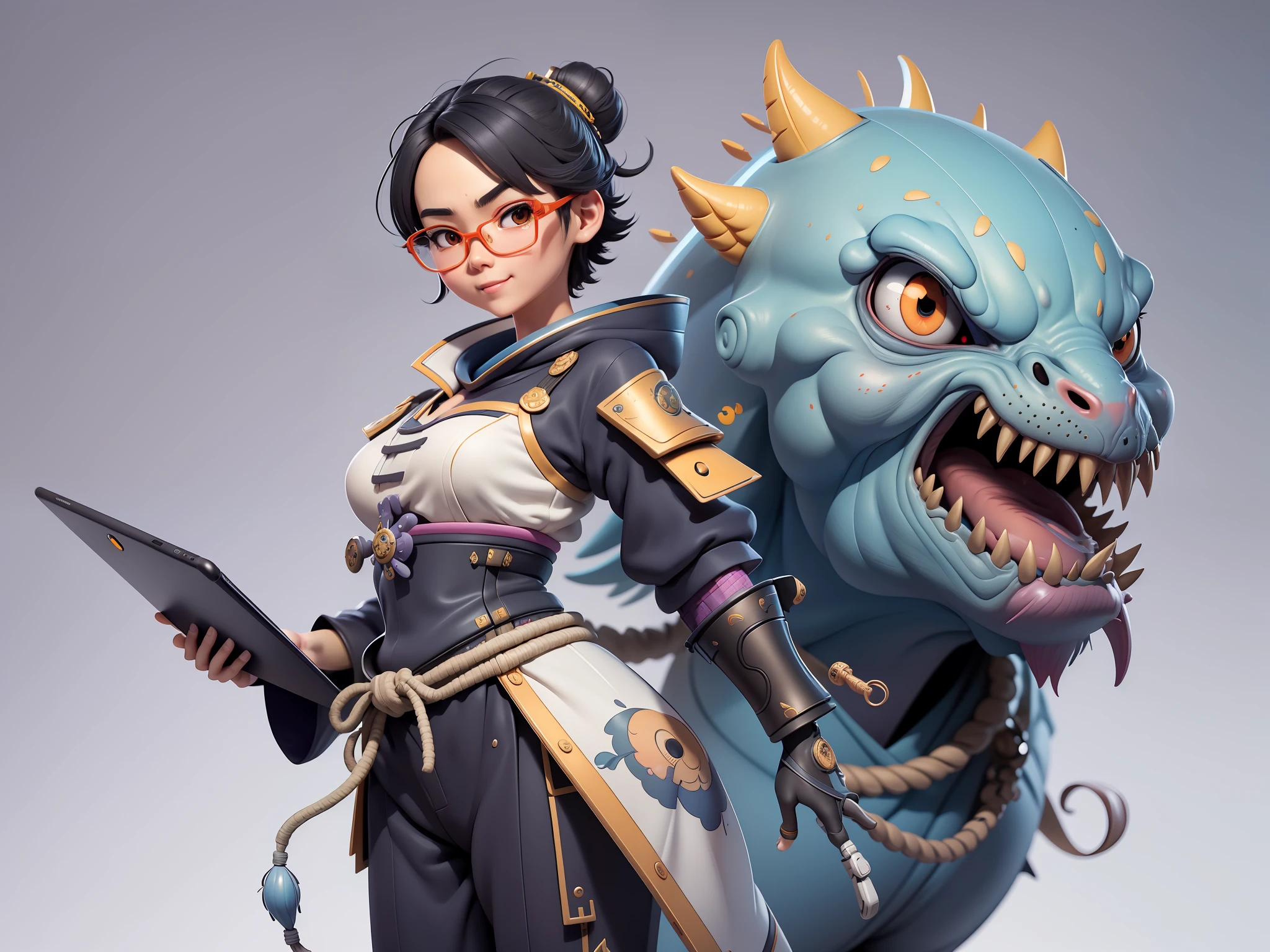 (Masterpiece), (Extreme Quality), (Super Meticulous), (Full Body: 1.2), Super Young Woman, Japanese Female Samurai Beautiful, Dragon, Sexy, Bursting, Oriental Face, TV Anchor, Bust Portrait Illustration, Alone, Black Suit, Blue Tie, Silver Glasses, Slightly Chubby Face, Very Clean Face, No Beard, Black Super Short Hair, Black Eyes, Confident Smile, 3c Computer Sub-Products, iPad, iPhone, Digital Painting, 3D Character Design by Mark Claireldon and Pixar and Hayao Miyazaki, The illustration is a high-definition illustration in 4K resolution with very detailed facial features and cartoon-style visuals.