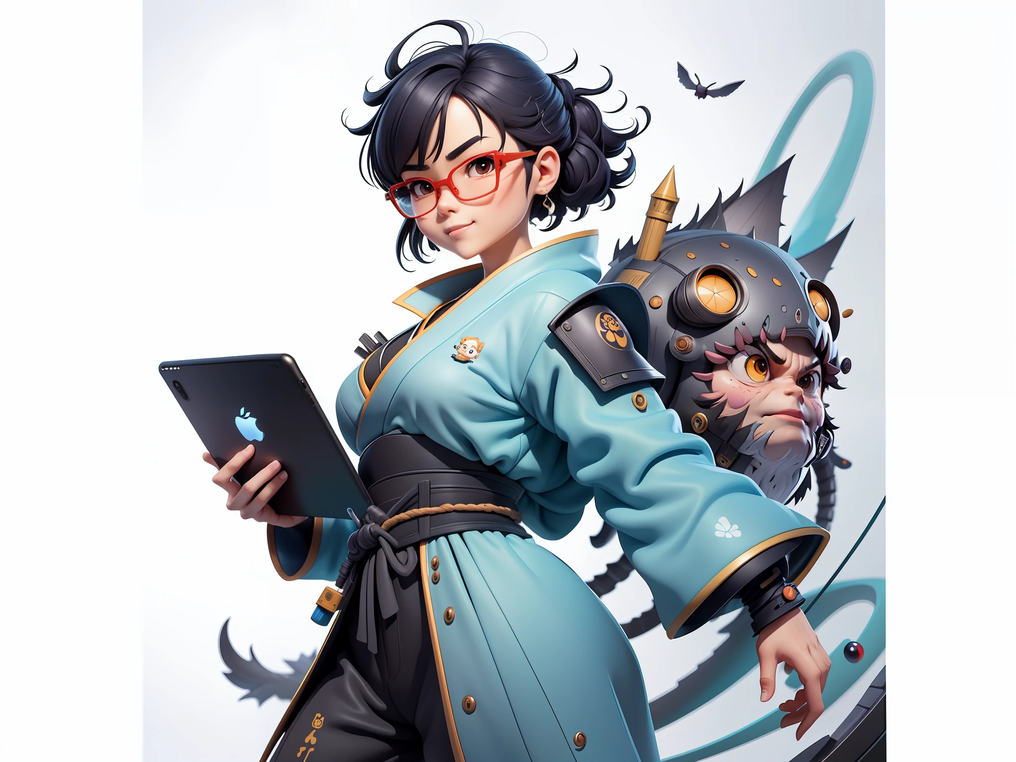 (Masterpiece), (Extreme Quality), (Super Meticulous), (Full Body: 1.2), Super Young Woman, Japanese Female Samurai Beautiful, Dragon, Sexy, Bursting, Oriental Face, TV Anchor, Bust Portrait Illustration, Alone, Black Suit, Blue Tie, Silver Glasses, Slightly Chubby Face, Very Clean Face, No Beard, Black Super Short Hair, Black Eyes, Confident Smile, 3c Computer Sub-Products, iPad, iPhone, Digital Painting, 3D Character Design by Mark Claireldon and Pixar and Hayao Miyazaki, The illustration is a high-definition illustration in 4K resolution with very detailed facial features and cartoon-style visuals.