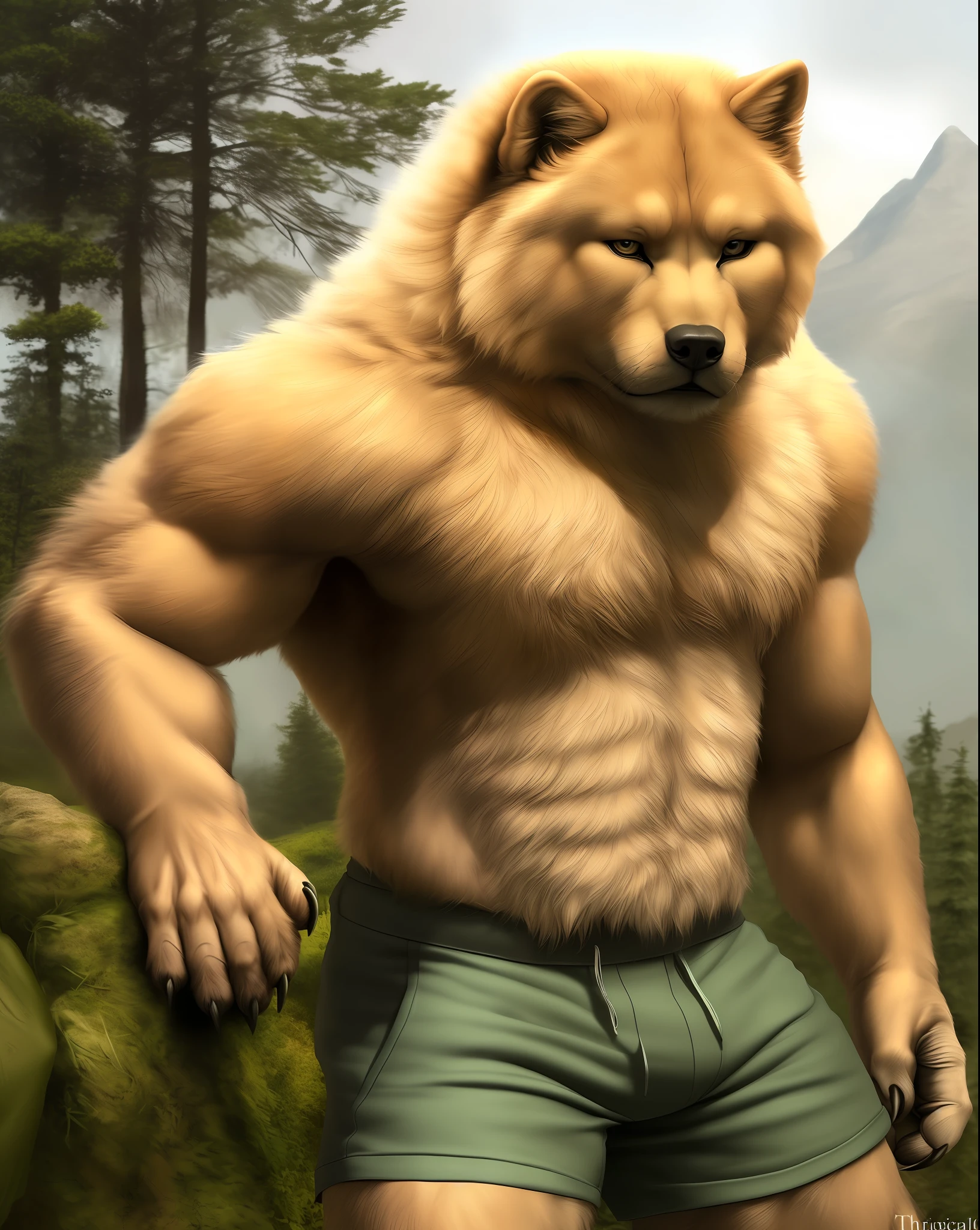 anthro (chow chow), male, adult, muscular, shorts, topless, claws, looking at the viewer, (by the realistic, detailed texture of the fur: 1.2), detailed background, wild background, photorealistic, hyper realistic, ultra detailed,