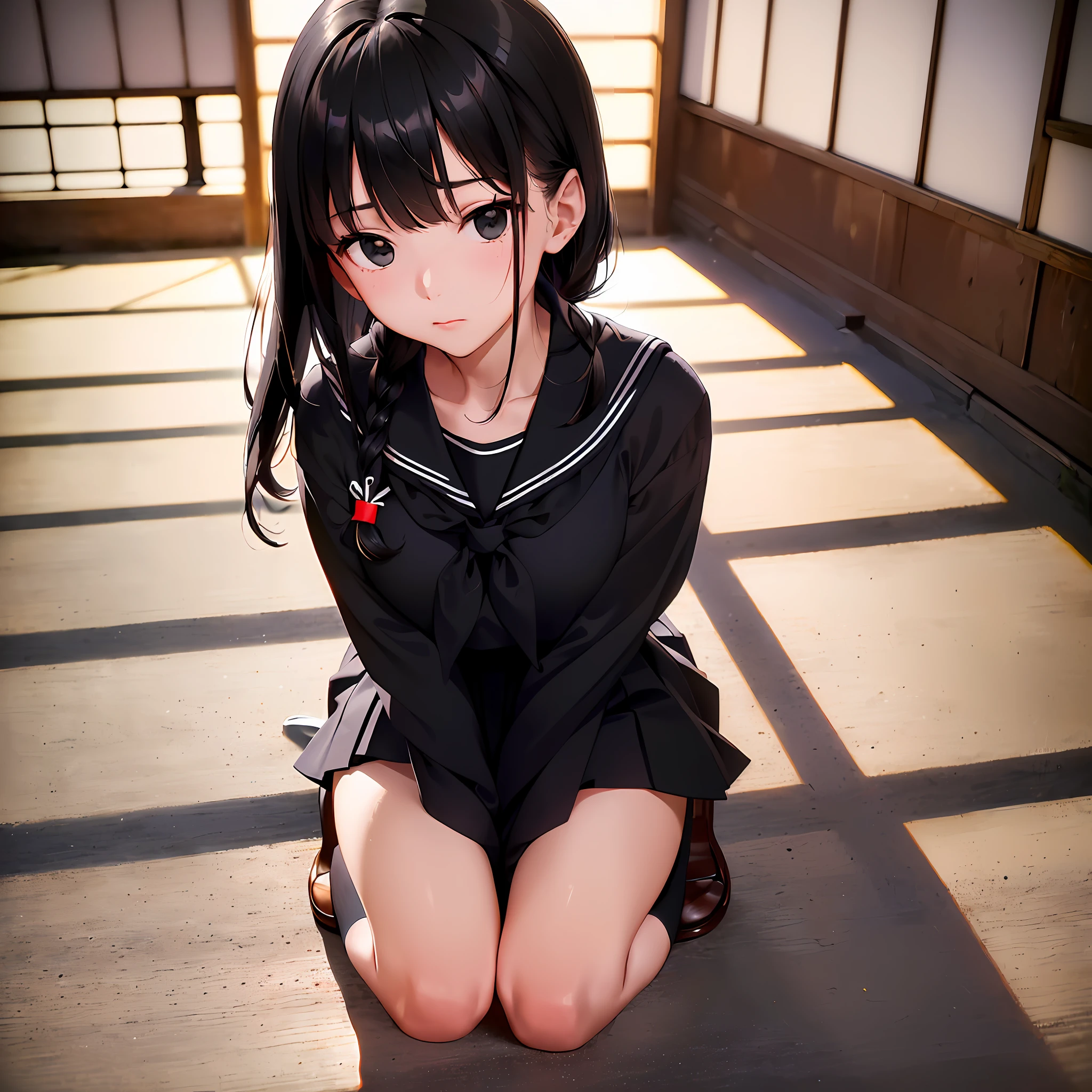 (masterpiece, highest quality, super detail, best shadow), (detailed background, cowboy shot, kneeling on the ground, hands together, praying, sad expression, crowd, modern Japan, light), (beautiful detailed face, Japan schoolgirl in torn school uniform), (best lighting), (movie light)), colorful, hyper detail, dramatic light, intricate detail, (woman named Ai, black hair, (Blind Eye: 1.5, Black Eyes), Sailor Suit, Beautiful Like a Goddess)