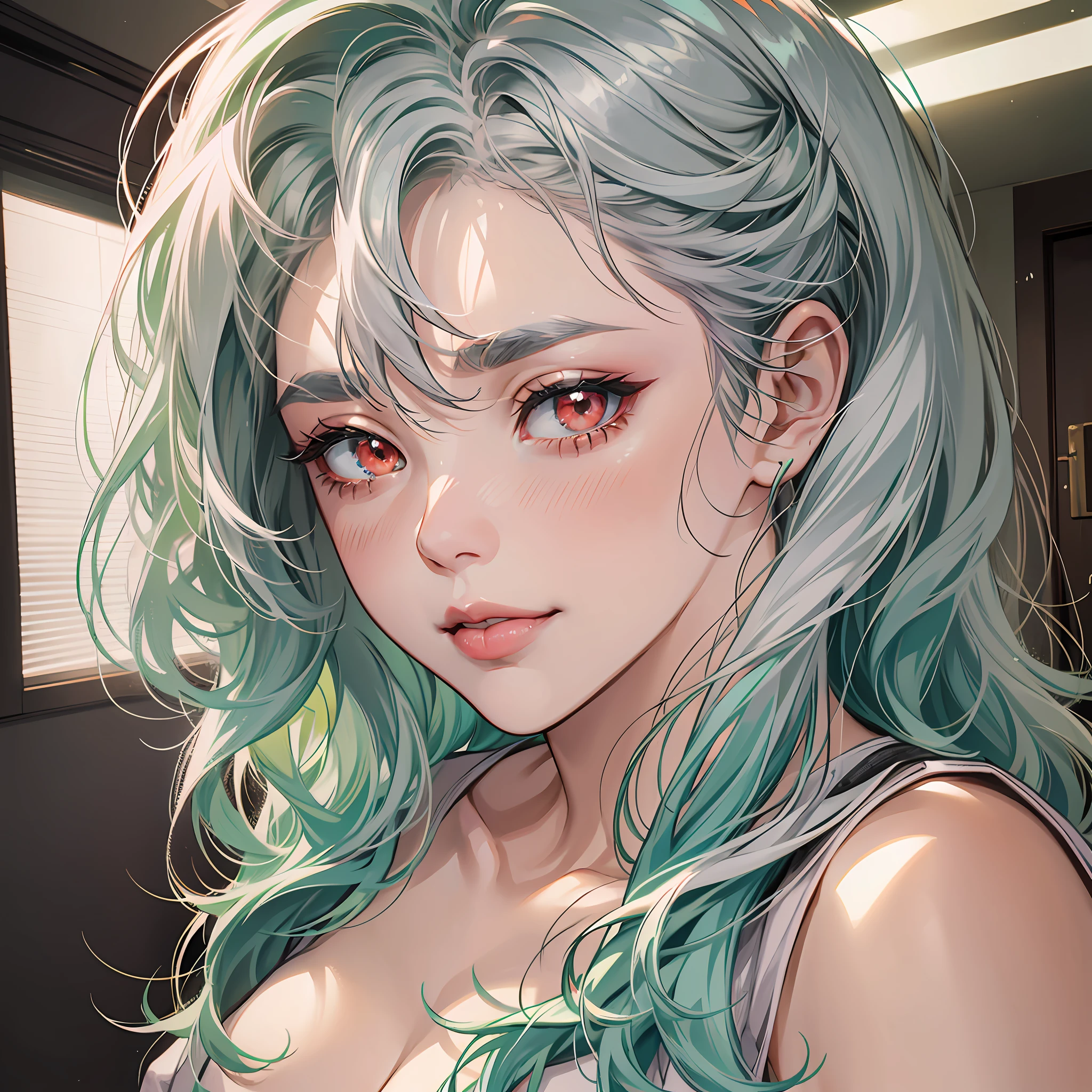 Anime woman, Cheekbones, detailed lips, blushing cheeks, shoulder length hair, ((silver hair)), (mint green hair highlights), 25 years old, button nose, glossy lips, pink lipstick, ((Red orange eyes)), round cheeks, D-cup breasts, full lips, sweet smile, detailed eyes, masterpiece, tall, graceful, strong arms, broad shouldered, flannel jacket, white shirt, grey sweats --auto --s2