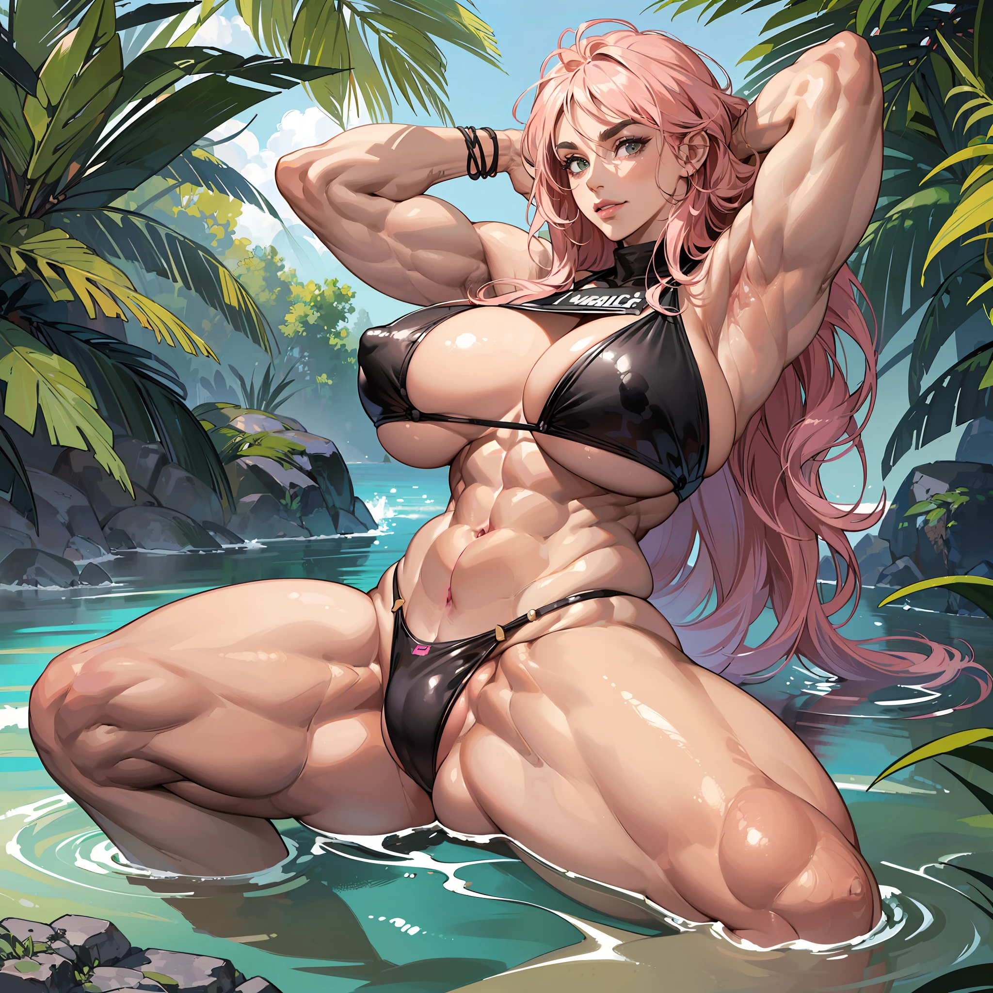 Massive muscular dark tan white woman, ((realistic face)), ((detailed realistic bimbo face)), ((wearing bikini on overly inflated hyper round milf breast implants bigger than)), extremely muscular legs, massive hyper bubble ass bigger than, feral prehistoric jungle woman, beautiful face, thick eyebrows, happy face expressions, pleased, happy, long pink hair messy, super dark tan skin smooth, dark skin, ((unnatural wide muscular hip, incredible abdominal muscles, gigantic body muscle mass)), ((woman with big boob implants firm on muscular pectorals)), extremely wide birthing hips, super muscular toned body with bulging arms and legs, wearing tight bikini, sitting down on a rock while happily looking at the viewer --auto --s2