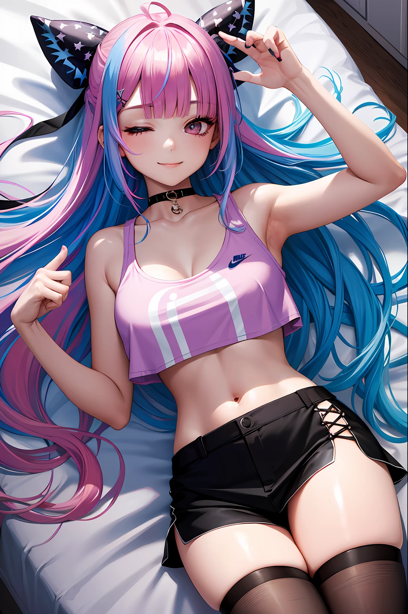 sleep, lying down, night, bed sheet, embarrassed, close one eye, bed, bedroom, nike, piercing woman, piercing, smile, colorful hair, shorts, blunt bangs, (black skirt), 1girl,solo, flashy hair, photorealistic, high resolution, 1 girl, golden and pink and light blue hair, colorful hair color, korean, cowboy shot,