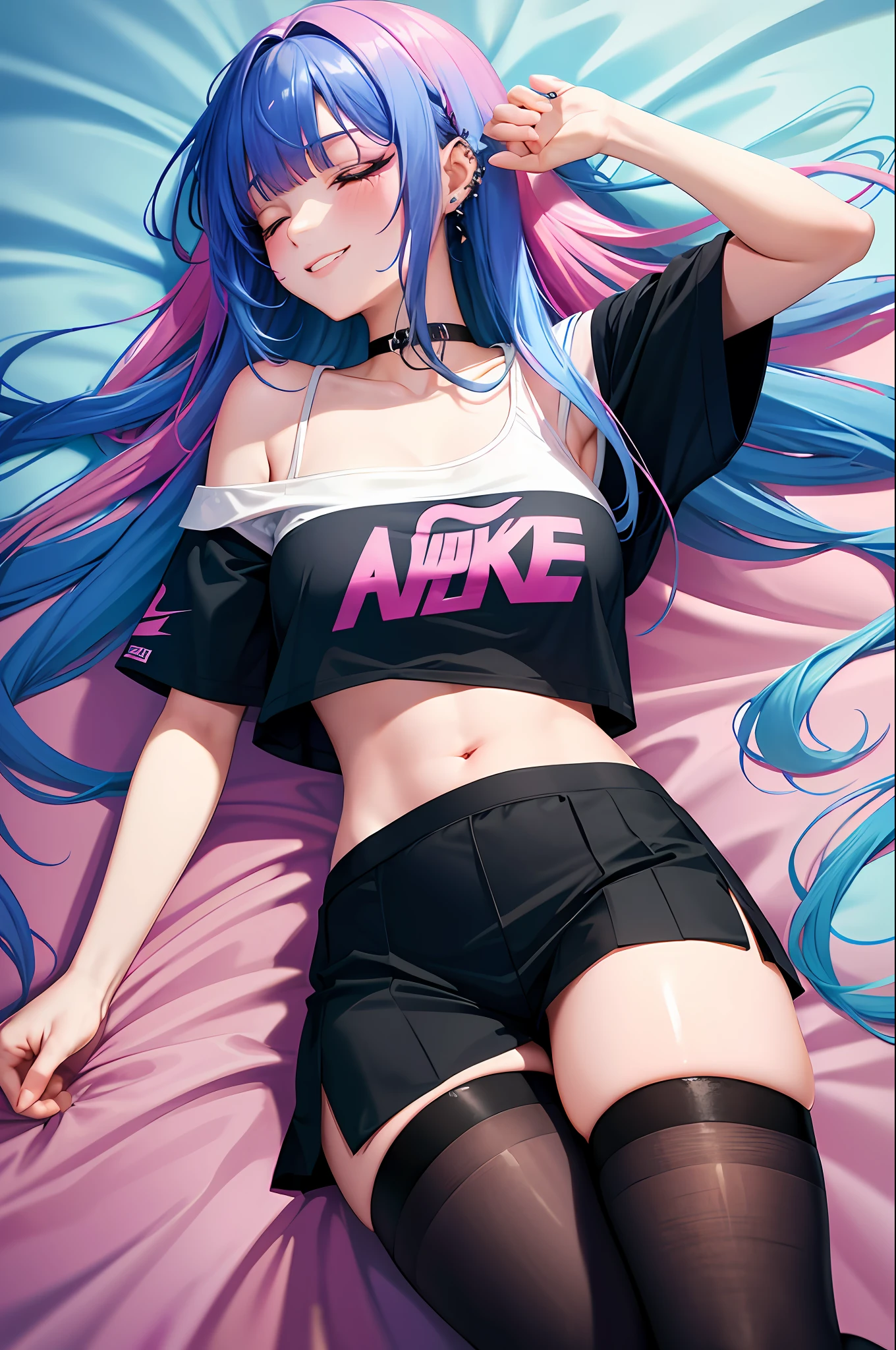 sleep, lying down, night, bed sheet, embarrassed, close one eye, bed, bedroom, nike, piercing woman, piercing, smile, colorful hair, shorts, blunt bangs, (black skirt), 1girl,solo, flashy hair, photorealistic, high resolution, 1 girl, golden and pink and light blue hair, colorful hair color, korean, cowboy shot,