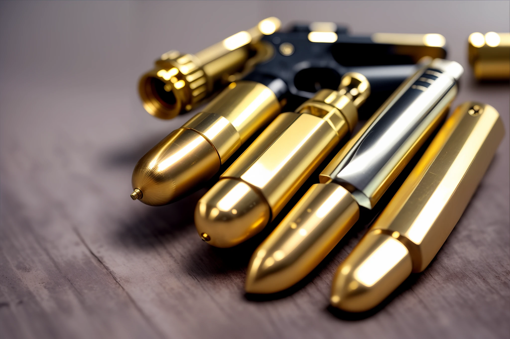 there are a bunch of gold bullet shells on a table, weapons in hand, bolt pistol in one hand, beautiful surreal pistol, firearms photography, bullets, shiny brass, holding revolver pistols, close-up shoot, 5 fingers, caseless ammunition, bullets inside, gold plated, steampunk style weapons, hand grenades, pistol on his hand, detailed pistol trigger