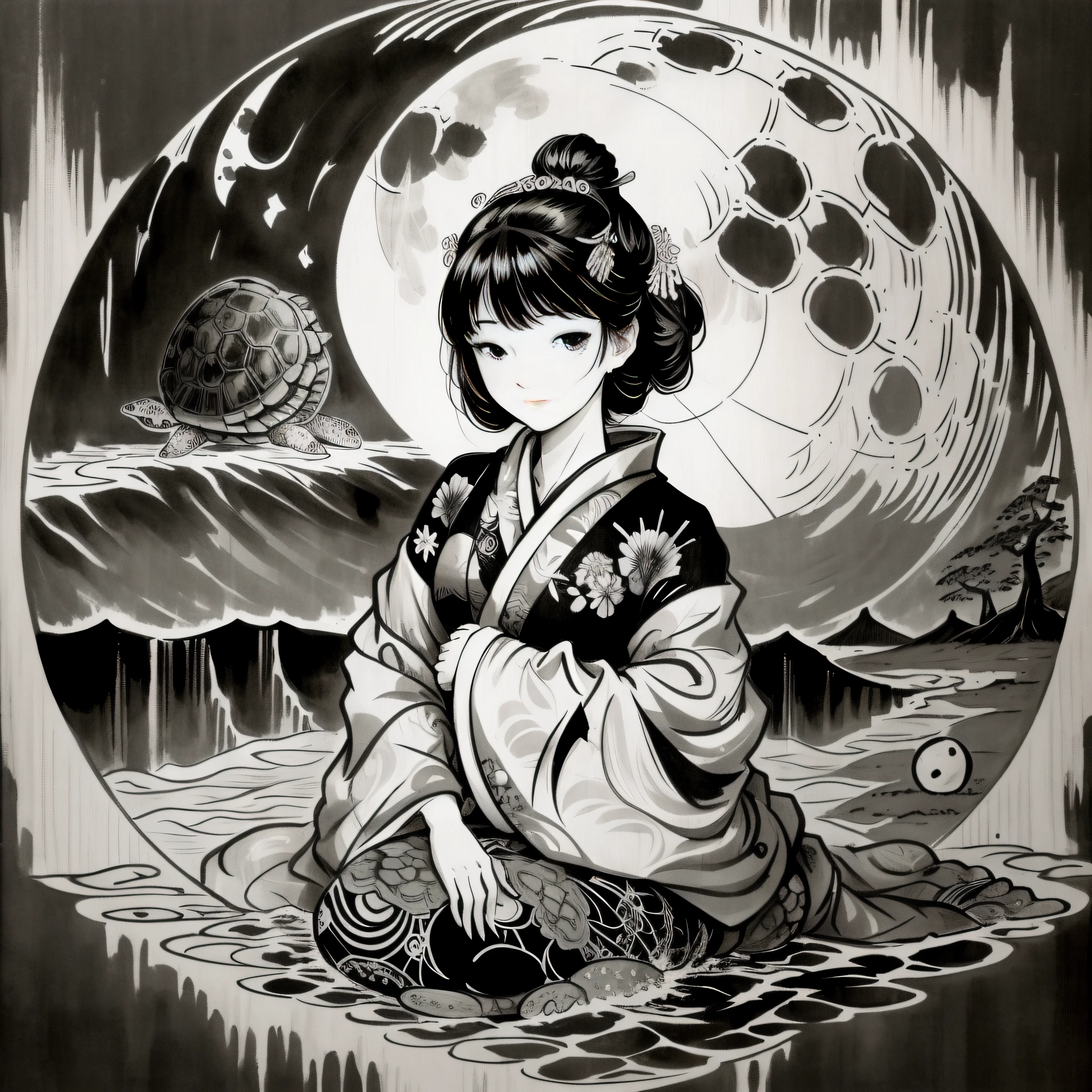 Ink-printed woodcut style 27-year-old Japanese woman in kimono astride a large tortoise looking at the moon Sea in the background.
Always produced in black and white.
The woman is in the style of a mural from an ancient ruin.
Turtle's face accurate. Note the woman's fingers.