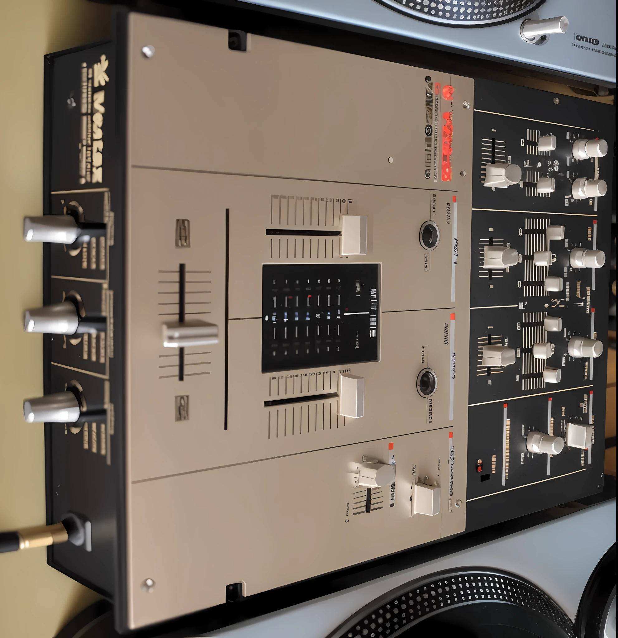 there is a close up of a dj controller and a turntable, tape deck, dj mixer, dj, 1080s, 1 0 8 0 s, year 2 3 0 0, mixing, turntables, detailed wide shot, audio equipments, vintage, year 2 5 0 0, vintage - w 1 0 2 4, a close up shot --auto --s2