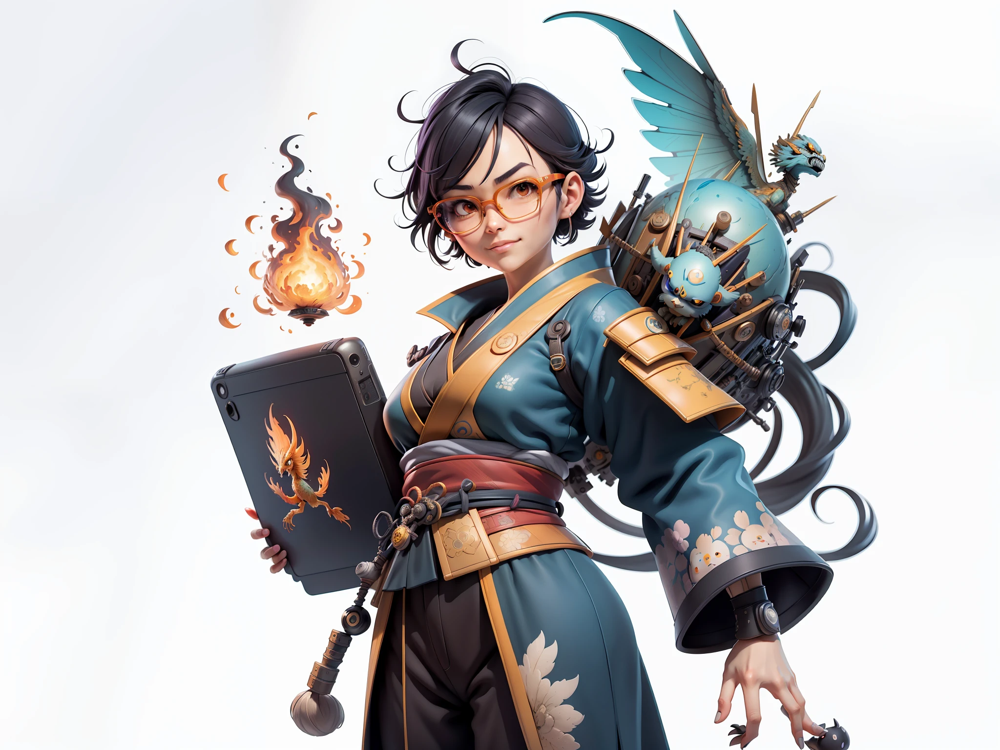 (Masterpiece), (Excellent), (Super Detailed), (Full Body: 1.2), Super Young Woman, Japanese Samurai Beautiful, Fire Phoenix, Sexy, Bursting, Oriental Face, TV Anchor, Bust Portrait Illustration, Alone, Black Suit, Blue Tie, Silver Glasses, Slightly Chubby Face, Very Clean Face, No Beard, Black Super Short Hair, Black Eyes, Confident Smile, 3c Computer Sub-Products, iPad, iPhone, Digital Painting, 3D Character Design by Mark Claireden and Pixar and Hayao Miyazaki, The illustration is a high-definition illustration in 4K resolution with very detailed facial features and cartoon-style visuals.