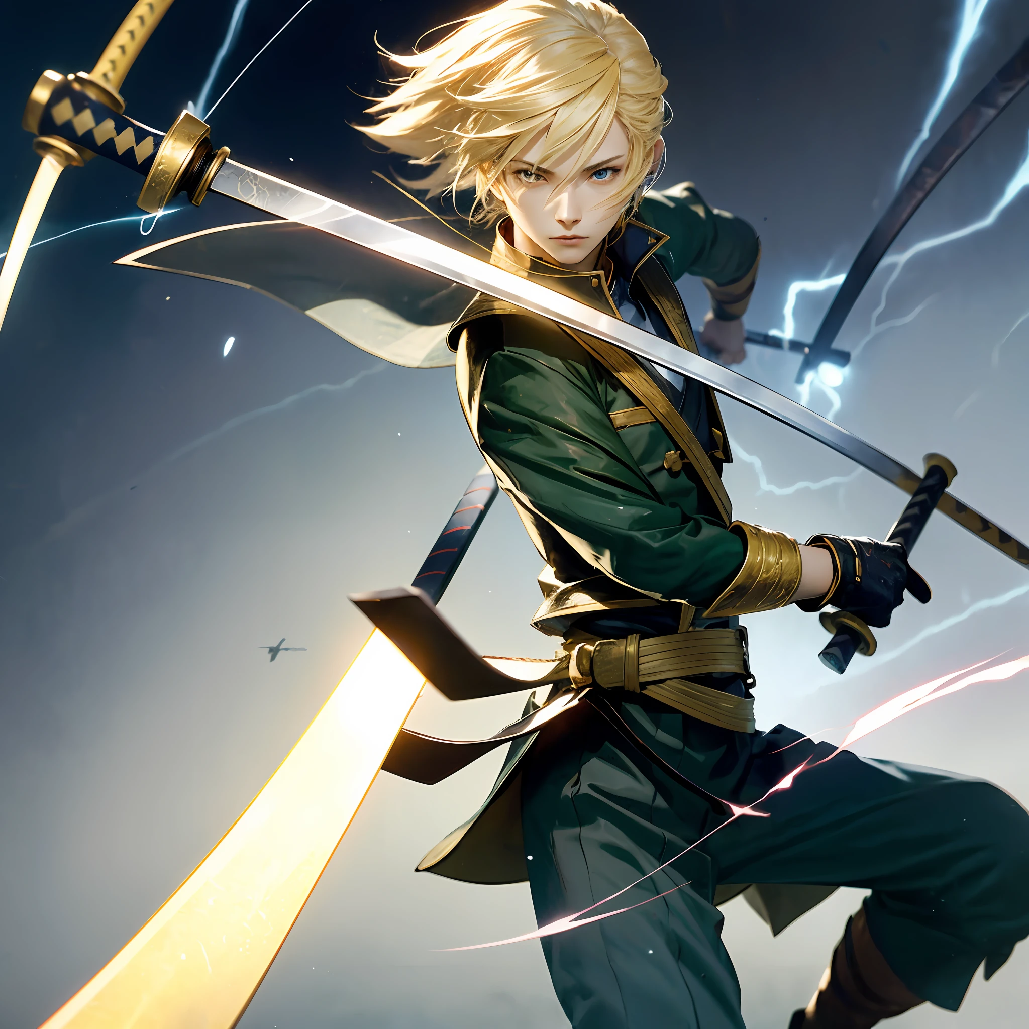 Swordsman,male,lightning,thunder,blonde bowl hair,yellow katana,ray eyes,4k,hd,full hd,
