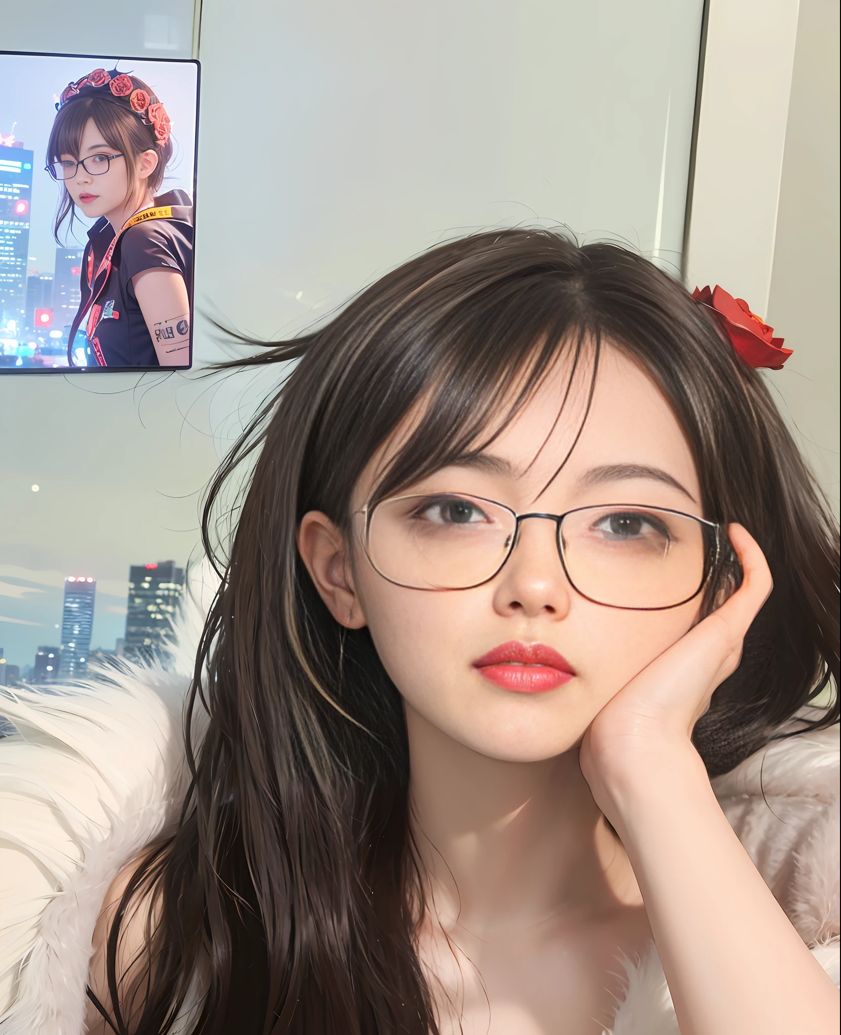 1girl, Tokyo Street, Night, Cityscape, City Lights, Upper Body, Close Up, 8k, RAW Photo, Best Quality, Masterpiece, Realism, Realism, Red Rose Headdress, Split Bangs, Short Hair, Big Waves, White Hair Color, Wearing Glasses