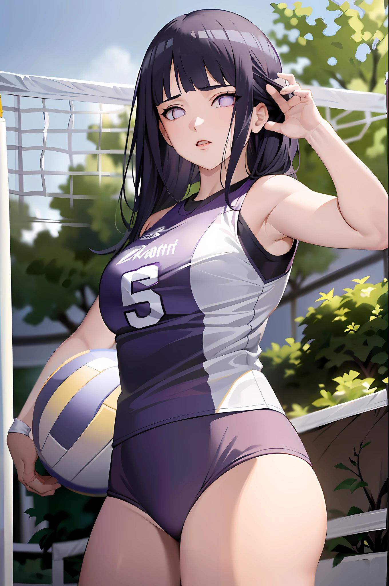 masterpiece, (ultra-detailed), 8K, ultra high res, (1girl), finely detailed beautiful eyes, dark blue hair, small breasts, long hair, purple eyes, light on face, light on body, solo, ((masterpiece)), sunshine light, stadium, (((volleyball))), (((volleyball player outfit))), (playing volleyball), hinata/(boruto/) , blunt bangs,  updo hair