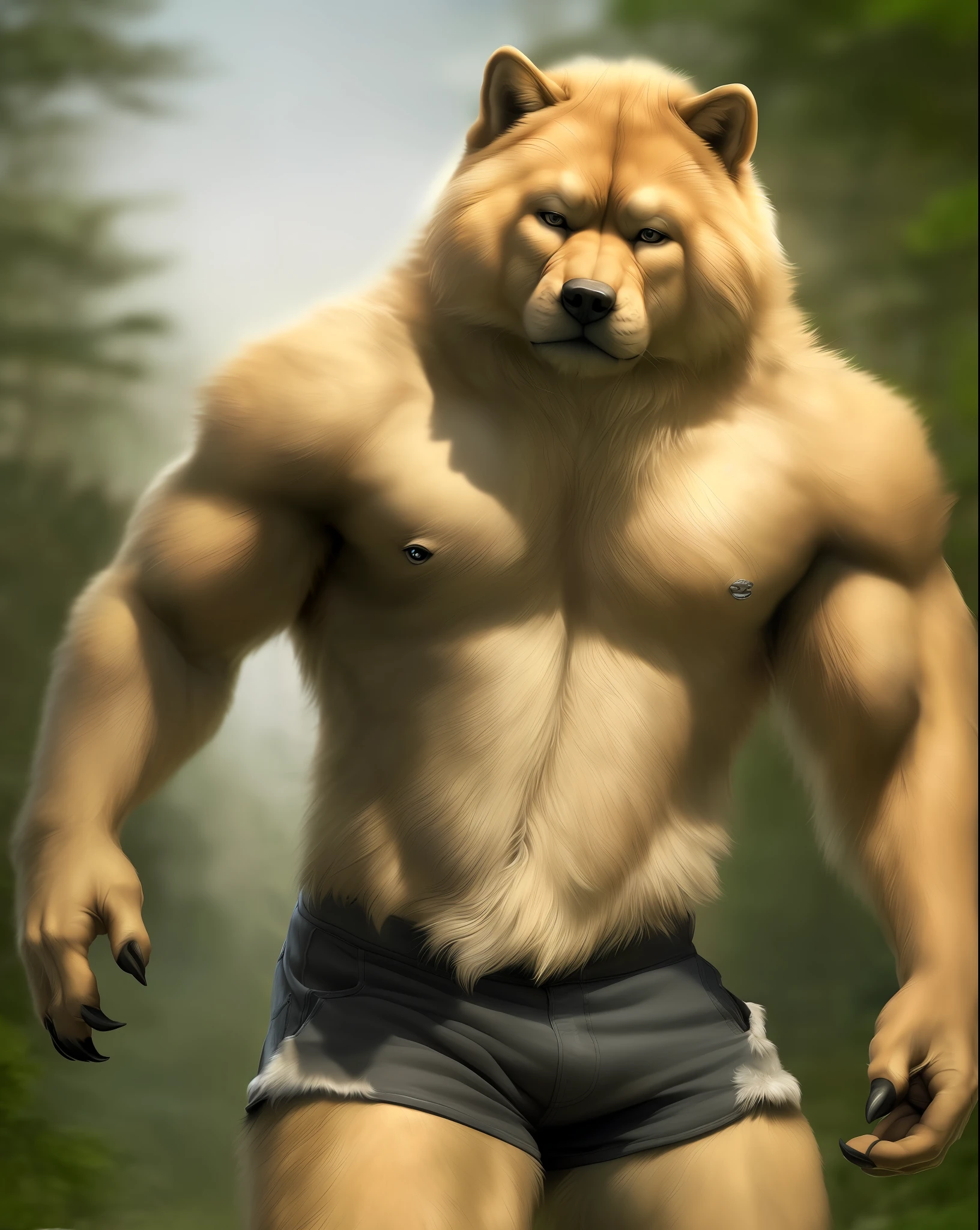 anthro (chow chow), male, adult, muscular, shorts, topless, claws, looking at the viewer, (by the realistic, detailed texture of the fur: 1.2), detailed background, wild background, photorealistic, hyper realistic, ultra detailed,