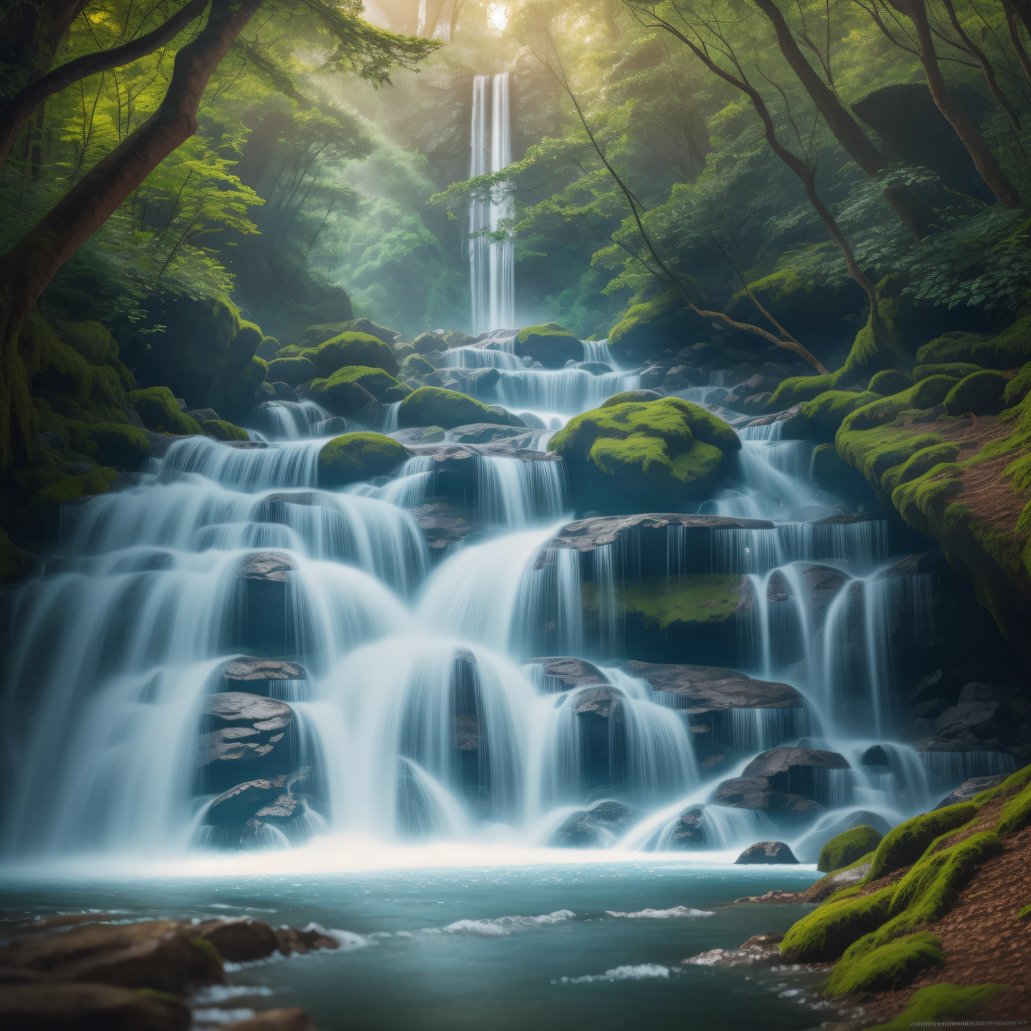 Beautiful forest landscape with a waterfall pouring out of a cave opening, dynamic lighting, chiaroscuro, hyperrealism, luminism, HD, very detailed, 4k, 8k, shot on a Nikon Z7 II and Nikon NIKKOR Z 105mm f/2.8 VR S, best quality, clear background
