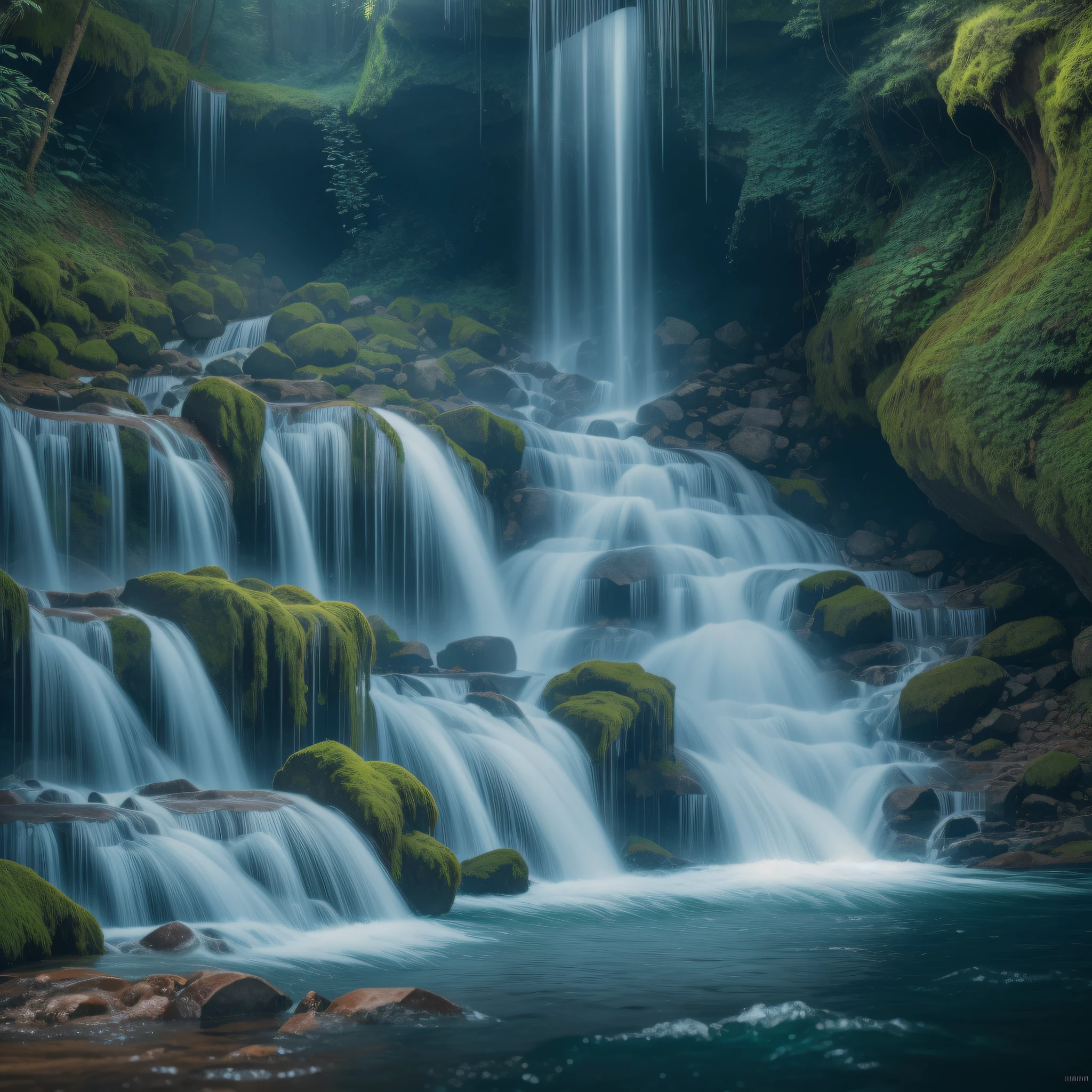 Beautiful forest landscape with a waterfall pouring out of a cave opening, dynamic lighting, chiaroscuro, hyperrealism, luminism, HD, very detailed, 4k, 8k, shot on a Nikon Z7 II and Nikon NIKKOR Z 105mm f/2.8 VR S, best quality, clear background