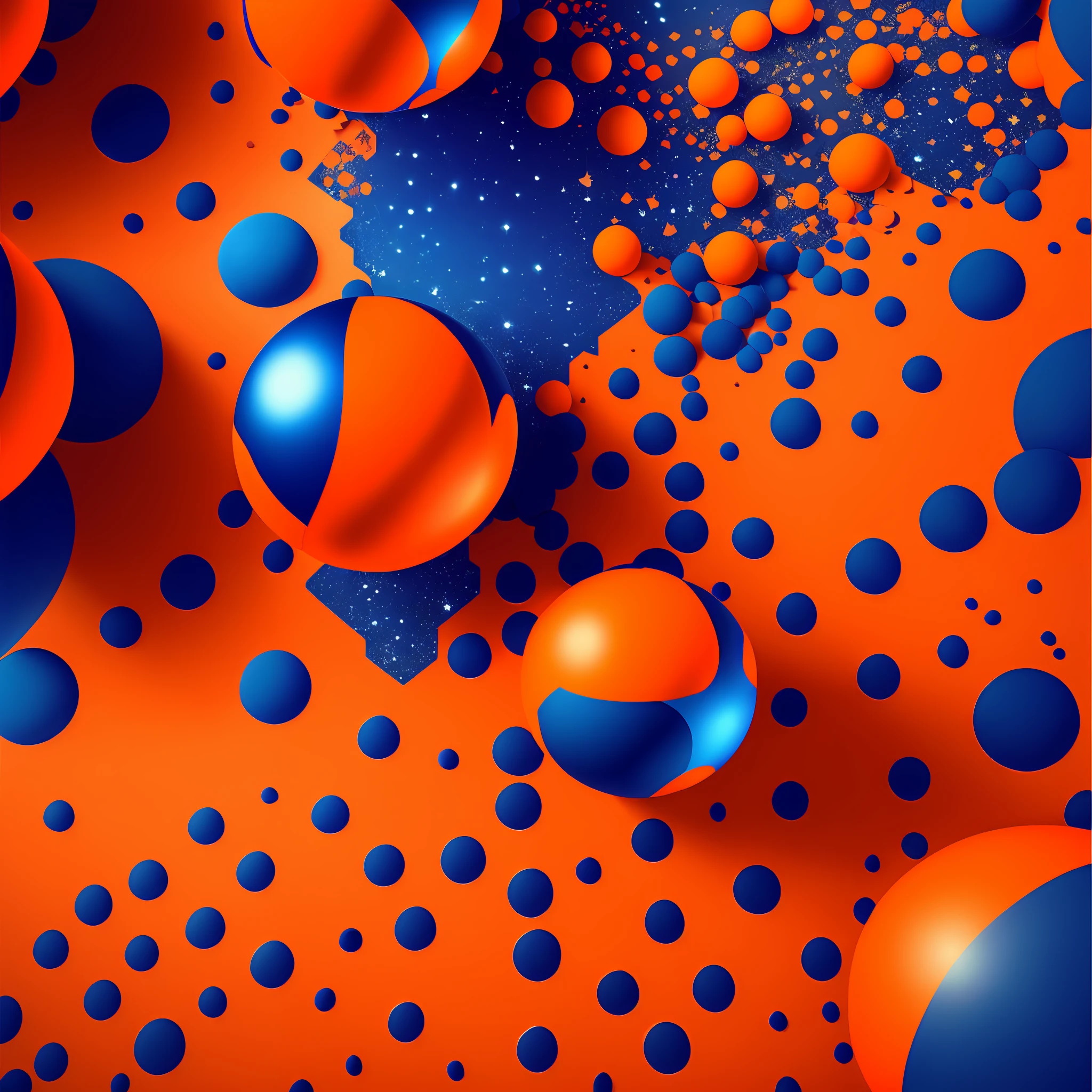 I want you to do an are with a view from above with the theme orange balls and the dark blue background now goes from your creativity --auto --s2
