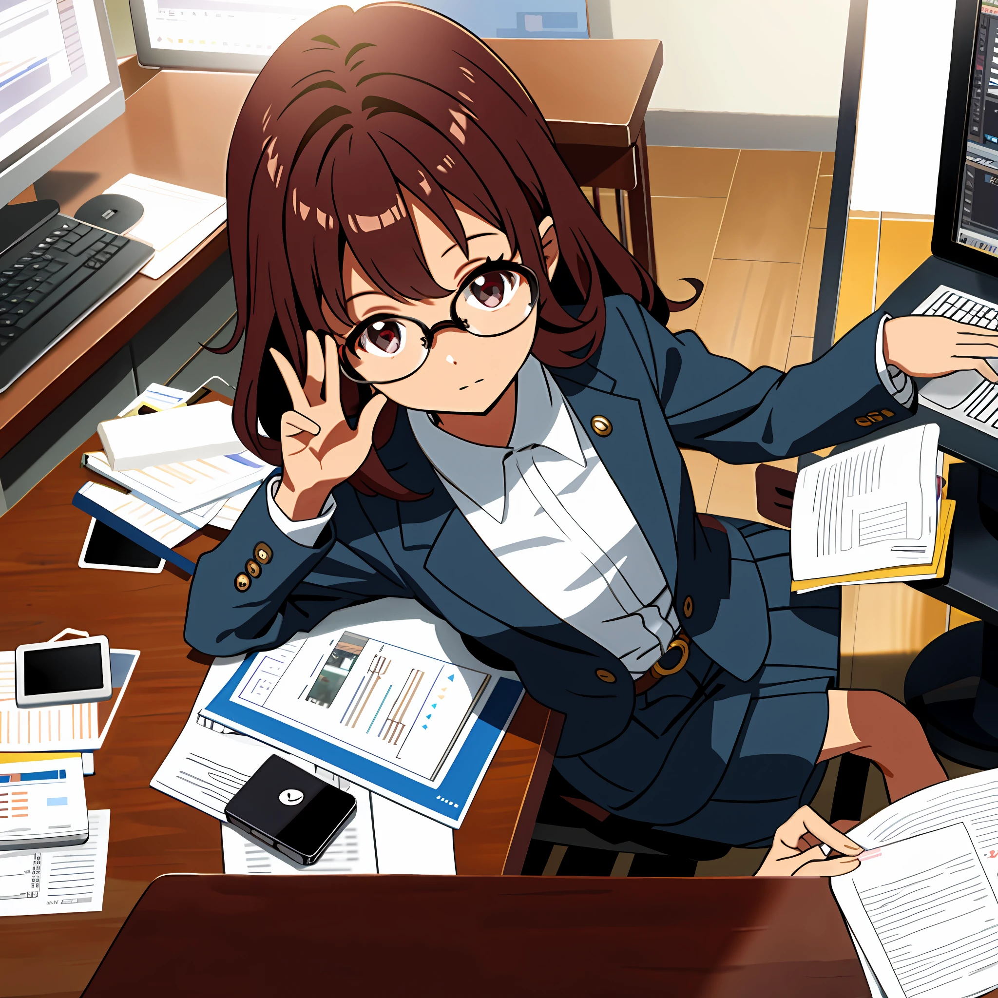 PC, Video Editing, Glasses Girl, Desk, Sitting, Beauty in Return, Waving, Stylish Study, (Chibi: 0.5)