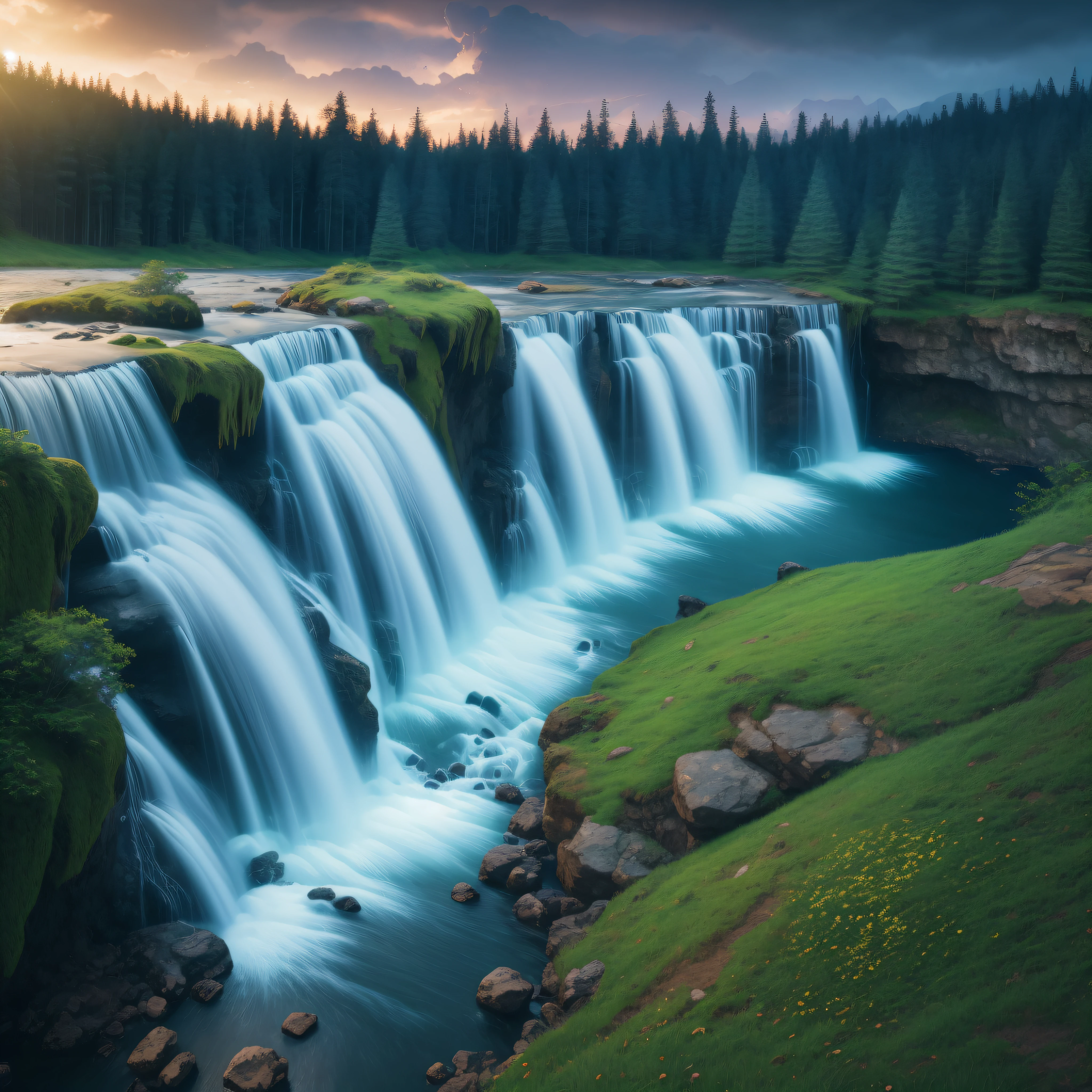 Beautiful forest landscape with a waterfall pouring out of a cave opening, dynamic lighting, chiaroscuro, hyperrealism, luminism, HD, very detailed, 4k, 8k, shot on a Nikon Z7 II and Nikon NIKKOR Z 105mm f/2.8 VR S, best quality, clear background