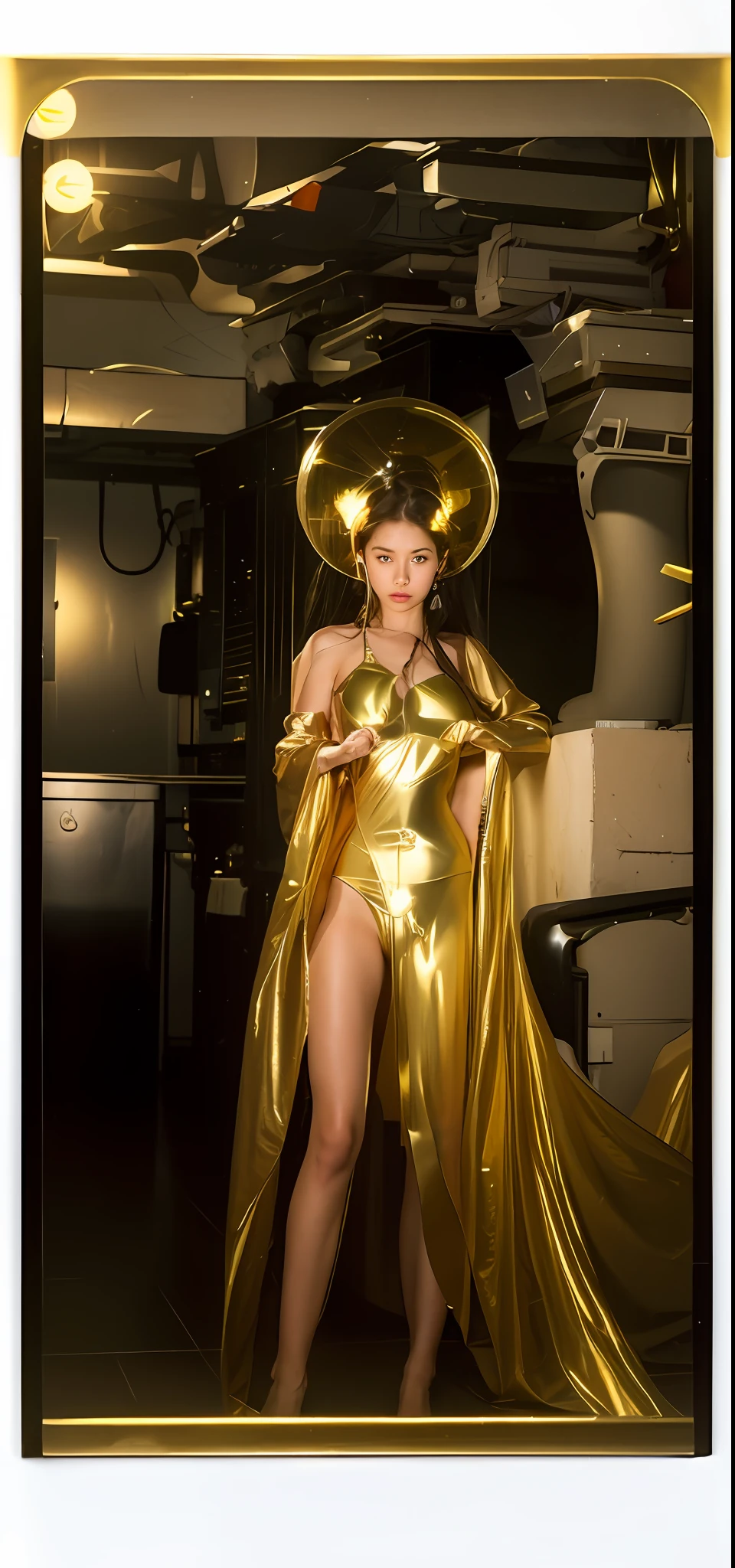 1girl, (15 year old beautiful girl), highest quality, masterpiece, ultra high resolution, (photorealistic: 1.4), raw photo, , long shot, dark hair, shiny skin, wet body, dramatic lighting, full body, (golden see-through micro bikini), (hands together in front of breasts) (beautiful girl's whole body) (sexy), (huge breasts), (nipple punch), (full body, standing),