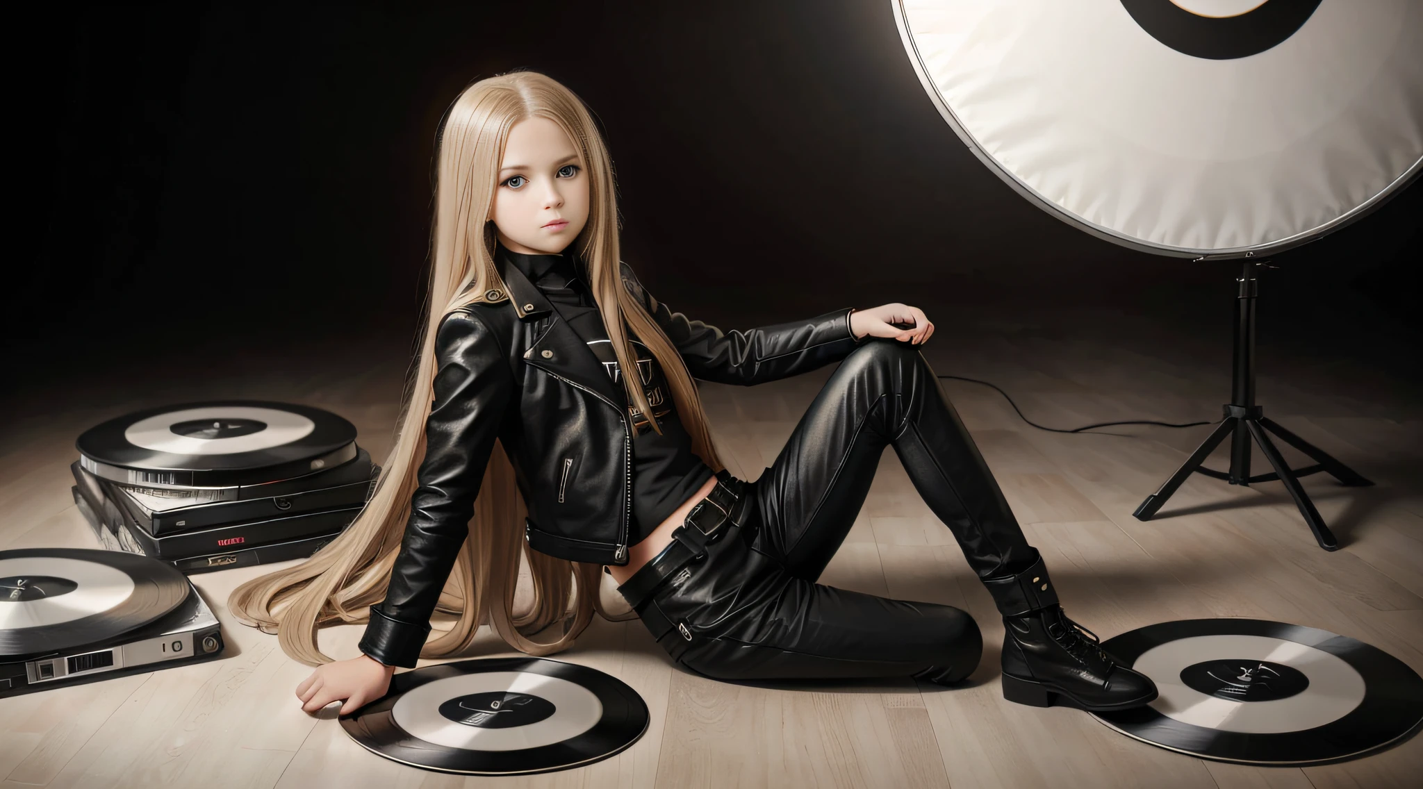 , long blonde straight hair, with black leather jacket and black outfit, in the photographic studio, with infinite white background, with many cds and vinyls on the floor.