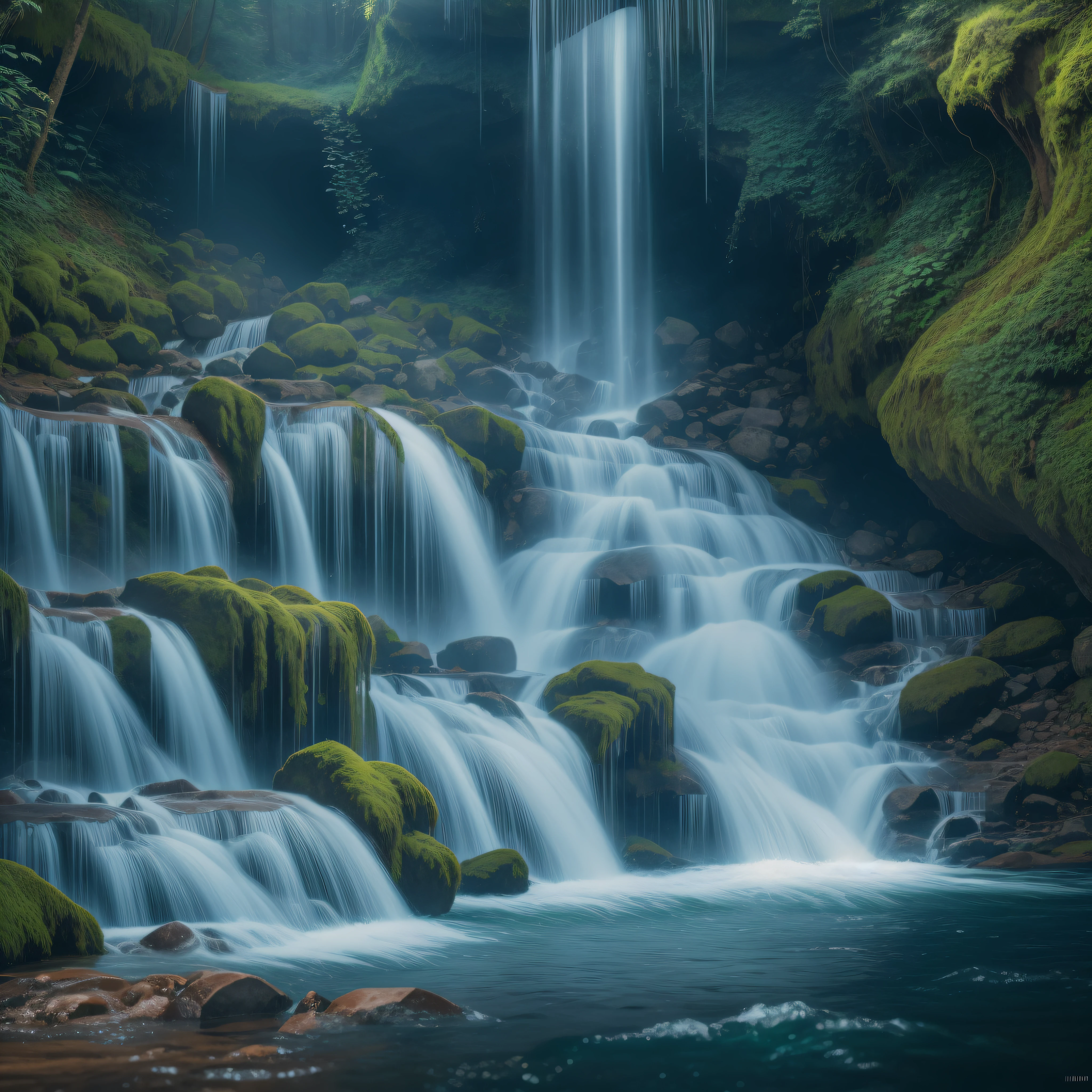 Beautiful forest landscape with a waterfall pouring out of a cave opening, dynamic lighting, chiaroscuro, hyperrealism, luminism, HD, very detailed, 4k, 8k, shot on a Nikon Z7 II and Nikon NIKKOR Z 105mm f/2.8 VR S, best quality, clear background