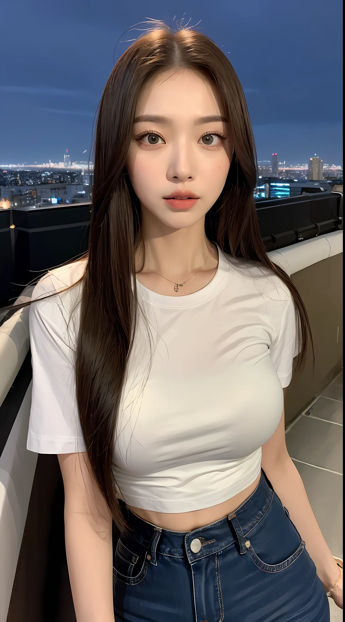 ((Midnight, Best quality, 8k, Masterpiece :1.3)), Whole body, Long legs, Sharp focus :1.2, A pretty woman with perfect figure :1.4, Slender abs :1.1, ((Dark brown hair, :1.2)), (White tight tshirt, Jean bib, Standing:1.2), ((Night city view, Rooftop:1.3)), Highly detailed face and skin texture, Detailed eyes, Double eyelid