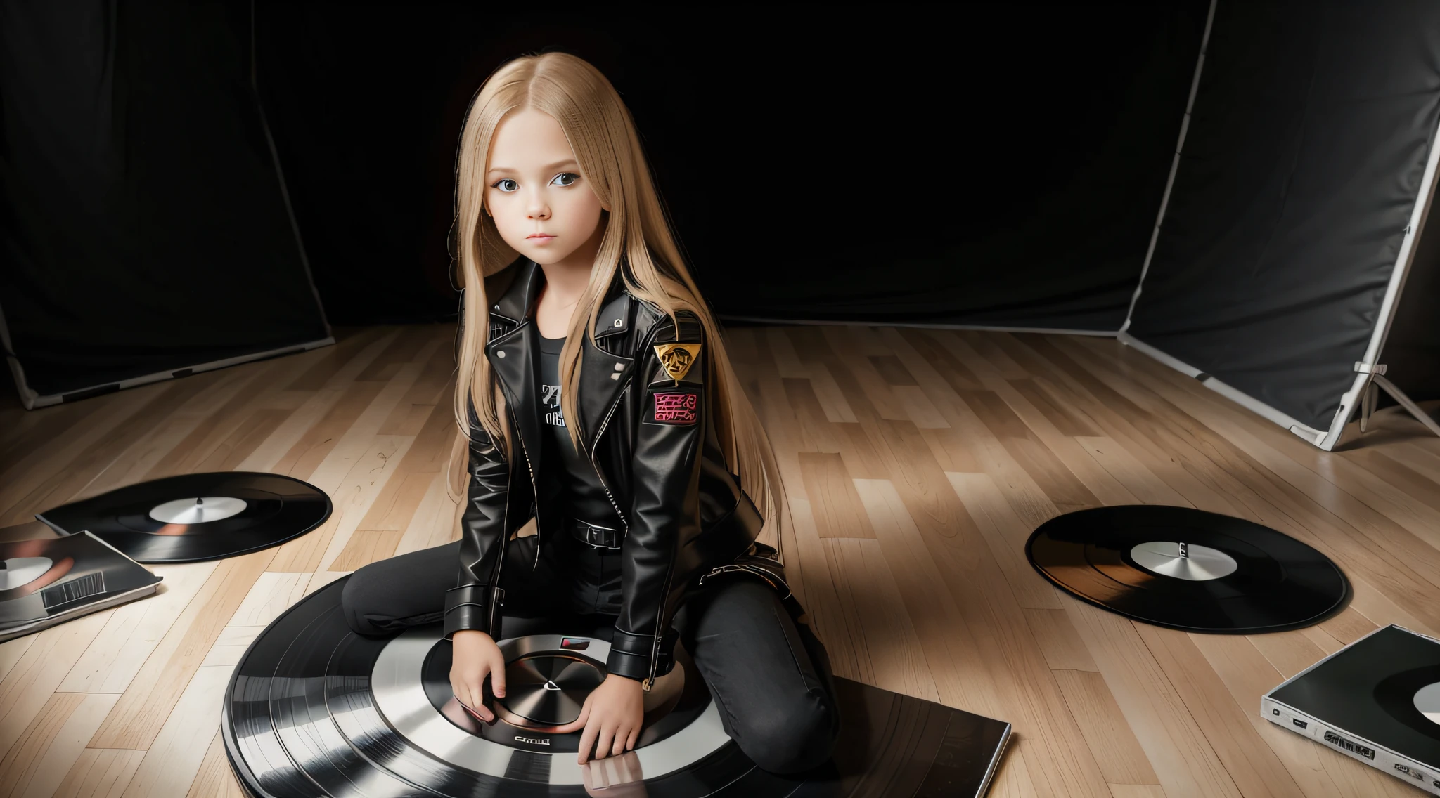 , long blonde straight hair, with black leather jacket and black outfit, in the photographic studio, with infinite white background, with many cds and vinyls on the floor.