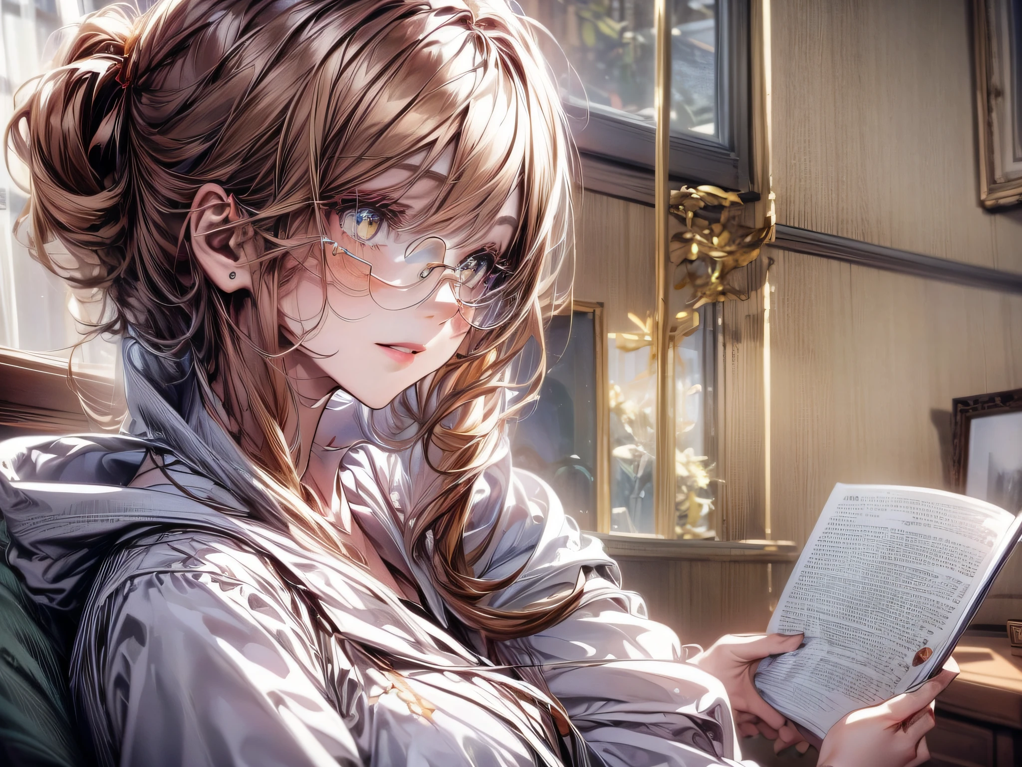 ((8k, Masterpiece:1.3, Superior Quality)), beauty, girl in her room studying, wearing pajamas, looking at a book with an illuminated profile.