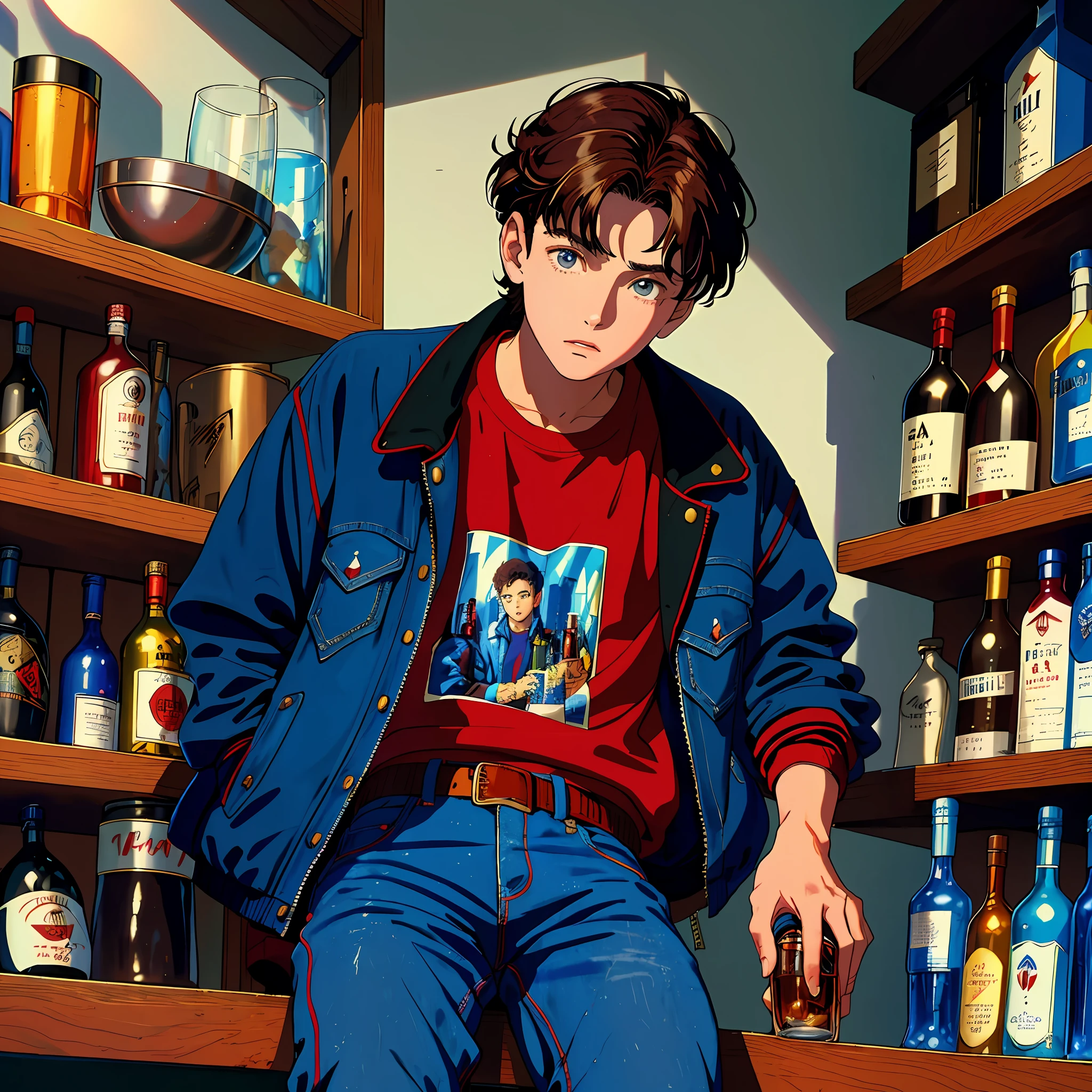 masterpiece, best quality, 1990s \(style\) solo boy with dark brown hair, blue jacket with serene face, dark red sweatshirt jacket and black shirt, jeans fulfilled, 14 years old, teenager, shelf of a bar with bottles in the background
