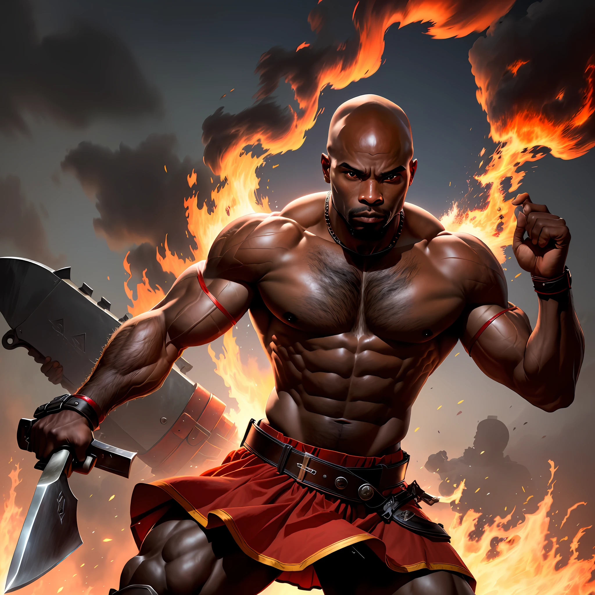 Realistic photograph African black man, extremely strong, muscular arms, bald, in his hands a small war axe with two blades, bare legs with a red skirt at the waist tied with a thick leather belt, is engulfed in flames that point to the sky in a dance in the wind