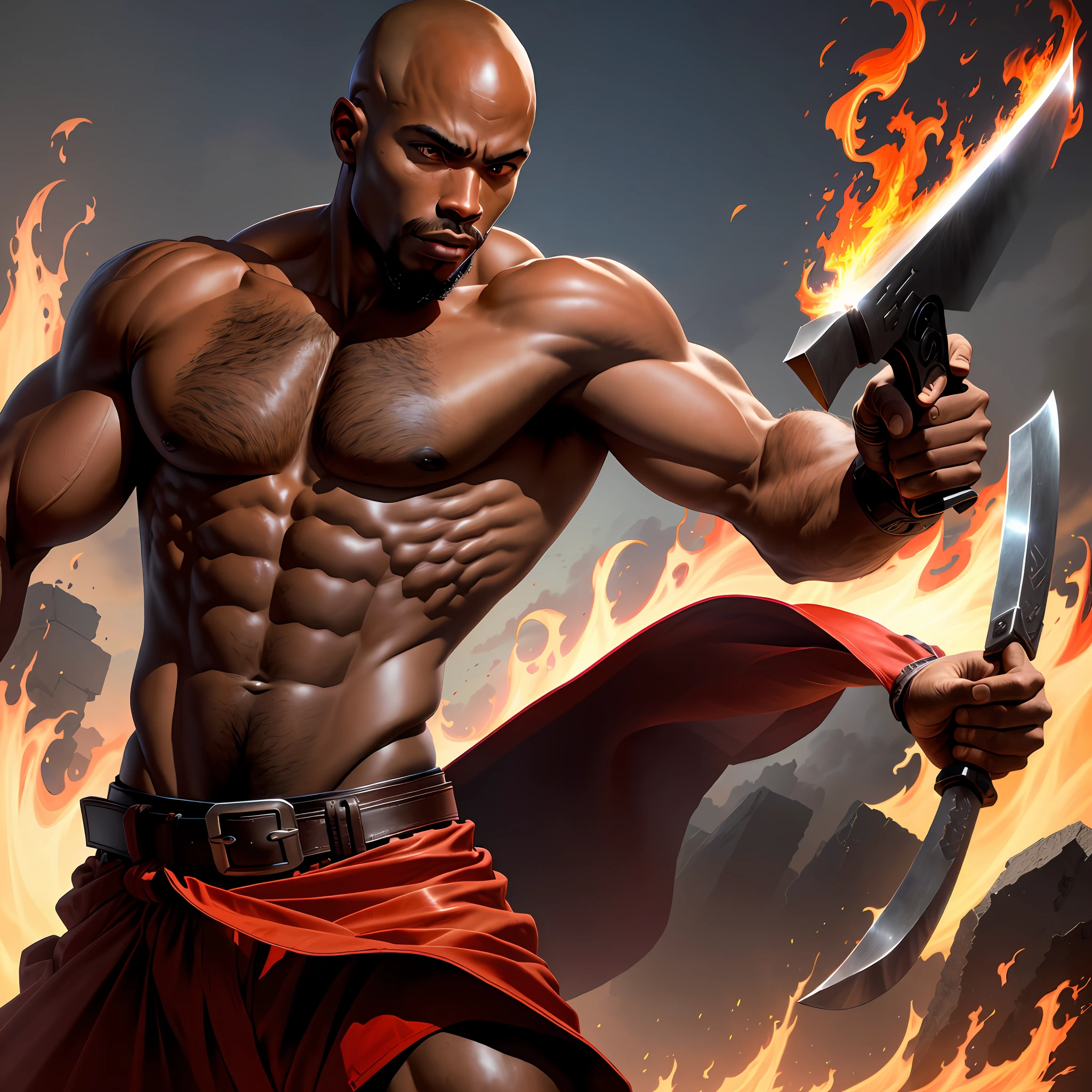 Realistic photograph African black man, extremely strong, muscular arms, bald, in his hands a small war axe with two blades, bare legs with a red skirt at the waist tied with a thick leather belt, is engulfed in flames that point to the sky in a dance in the wind