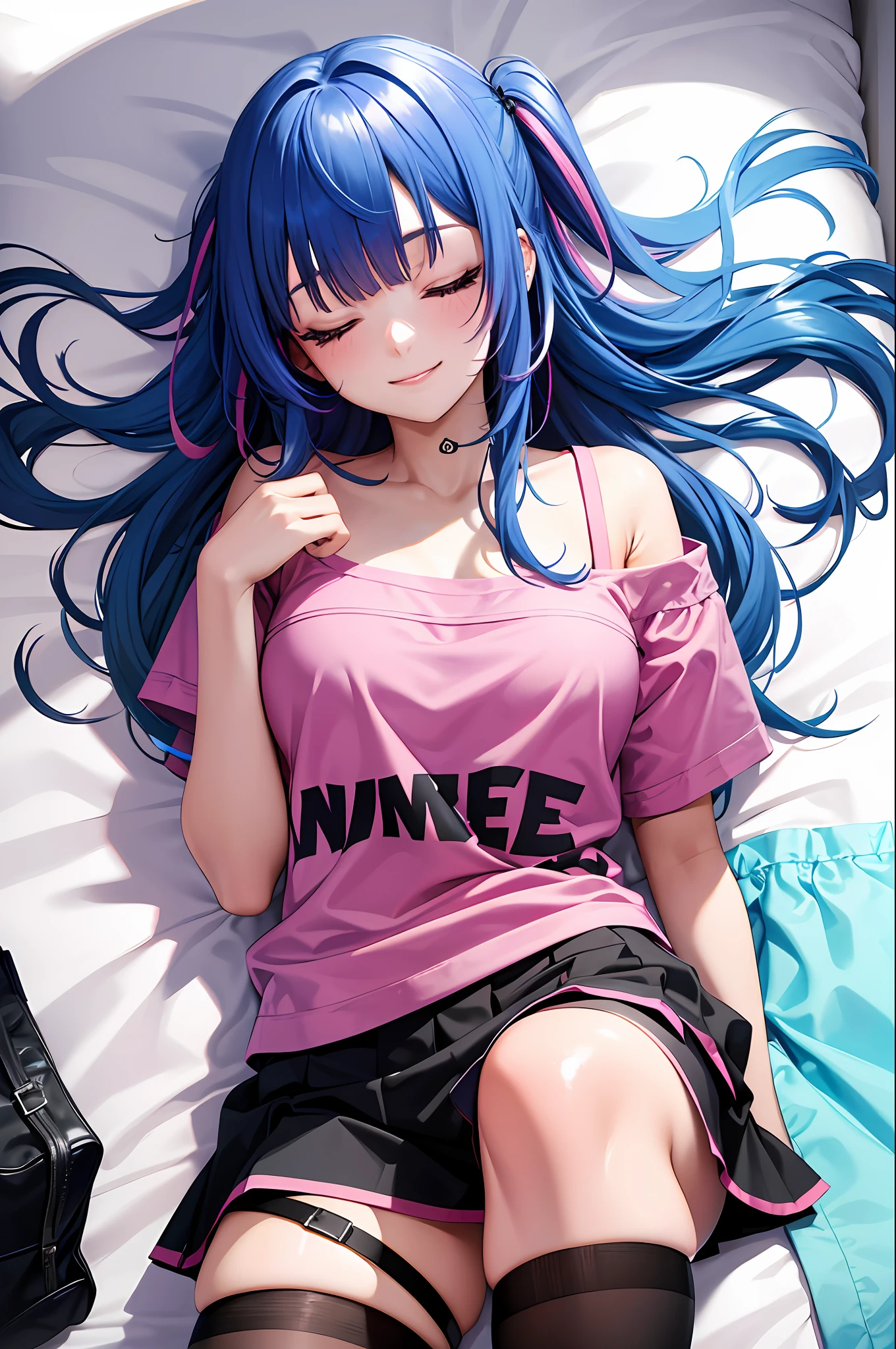 sleep, lying down, night, bed sheet, embarrassed, close one eye, bed, bedroom, nike, piercing woman, piercing, smile, colorful hair, shorts, blunt bangs, (black skirt), 1girl,solo, flashy hair, photorealistic, high resolution, 1 girl, golden and pink and light blue hair, colorful hair color, korean, cowboy shot,