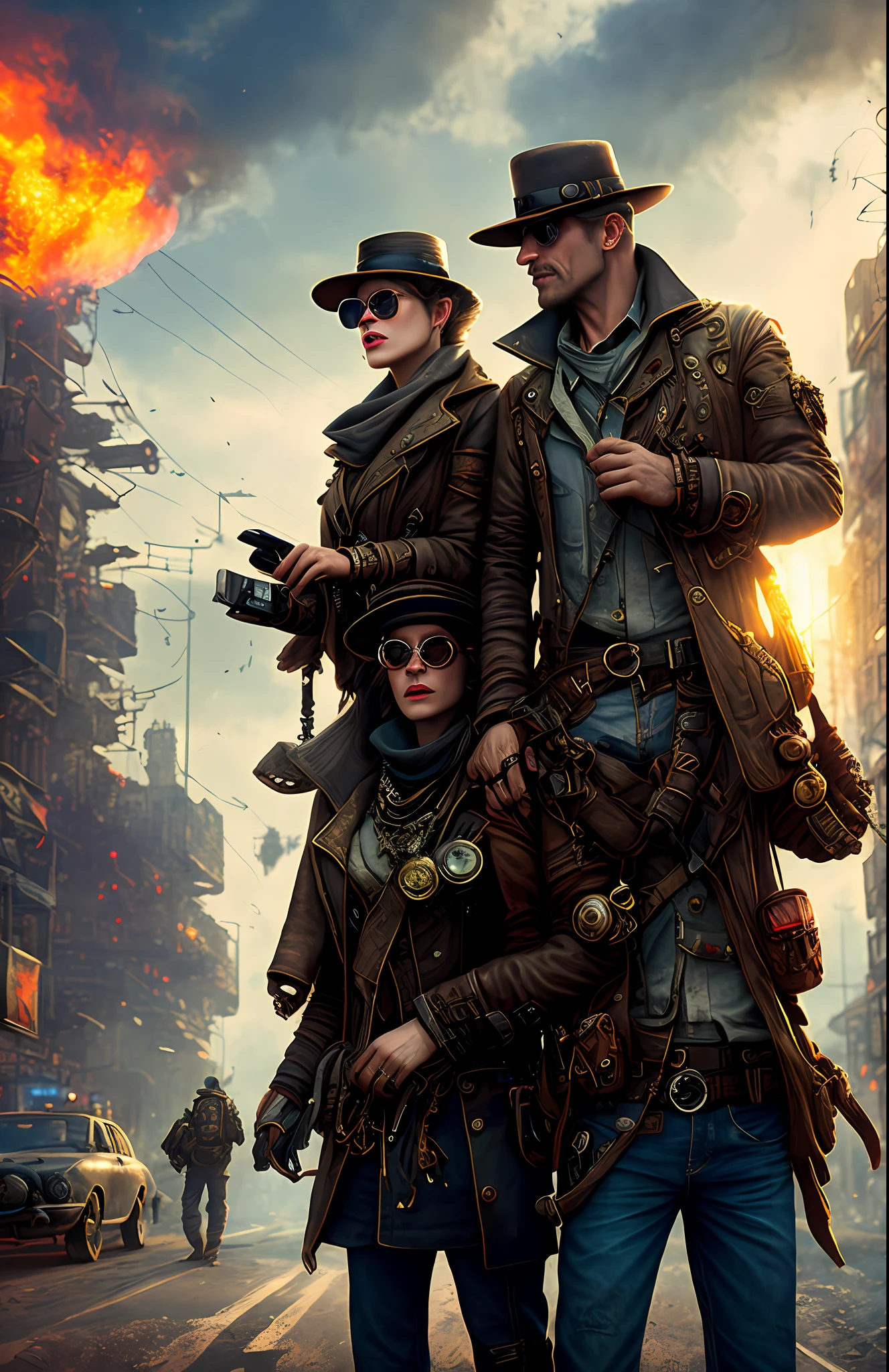 Surviving steampunk couple with torn clothing, hat, sunglasses, cigarette in mouth, use phone, alien structure, realistic, stylish, rutkowski, hdr, intricate details, hyperdetailed, cinematic, rim light, danger atmosphere, night, red light, destroyed street, 4k, fire, nuclear bomb, apocalyptic powder, Dune