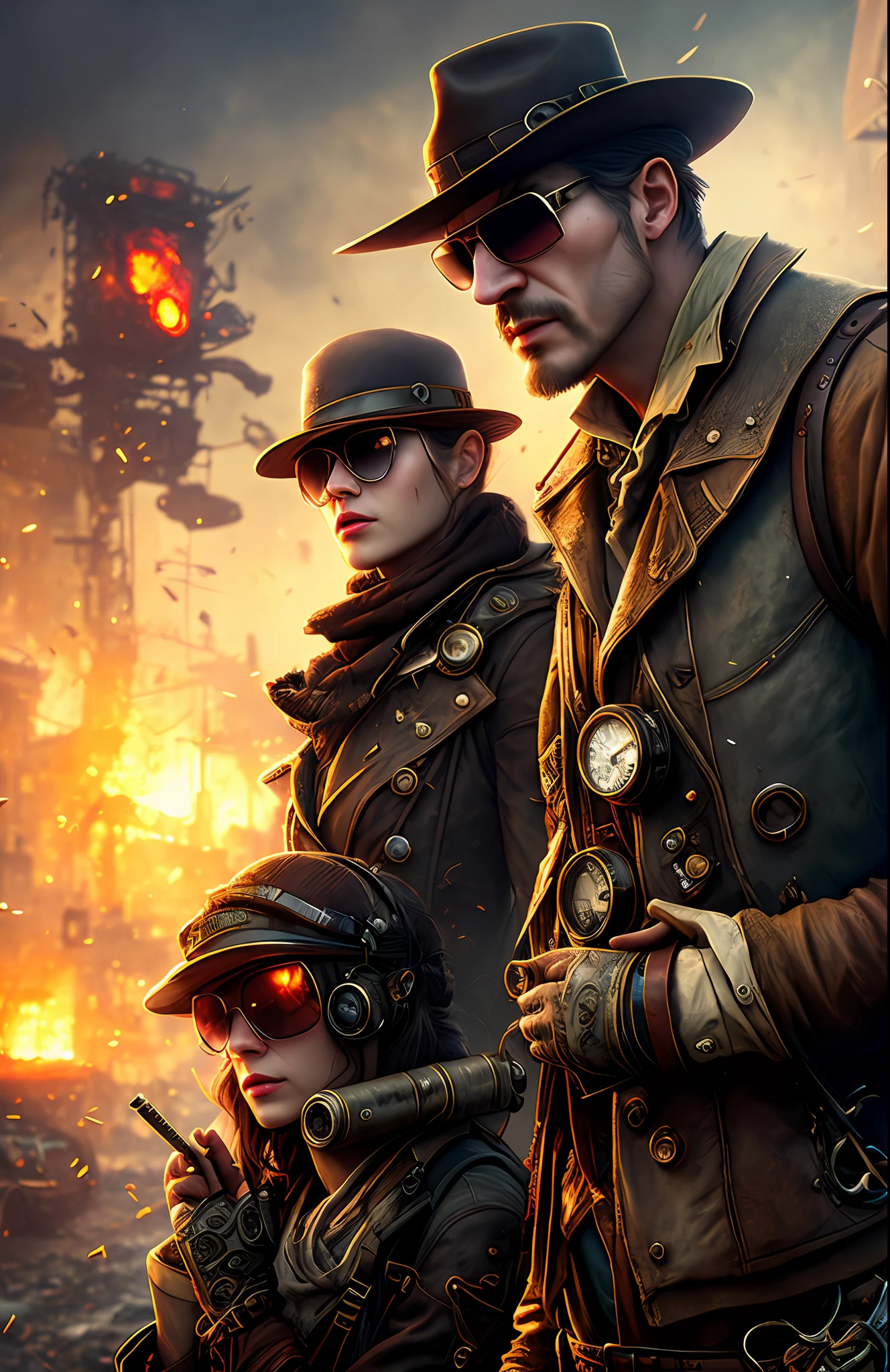 Surviving steampunk couple with torn clothing, hat, sunglasses, cigarette in mouth, use phone, alien structure, realistic, stylish, rutkowski, hdr, intricate details, hyperdetailed, cinematic, rim light, danger atmosphere, night, red light, destroyed street, 4k, fire, nuclear bomb, apocalyptic powder, Dune