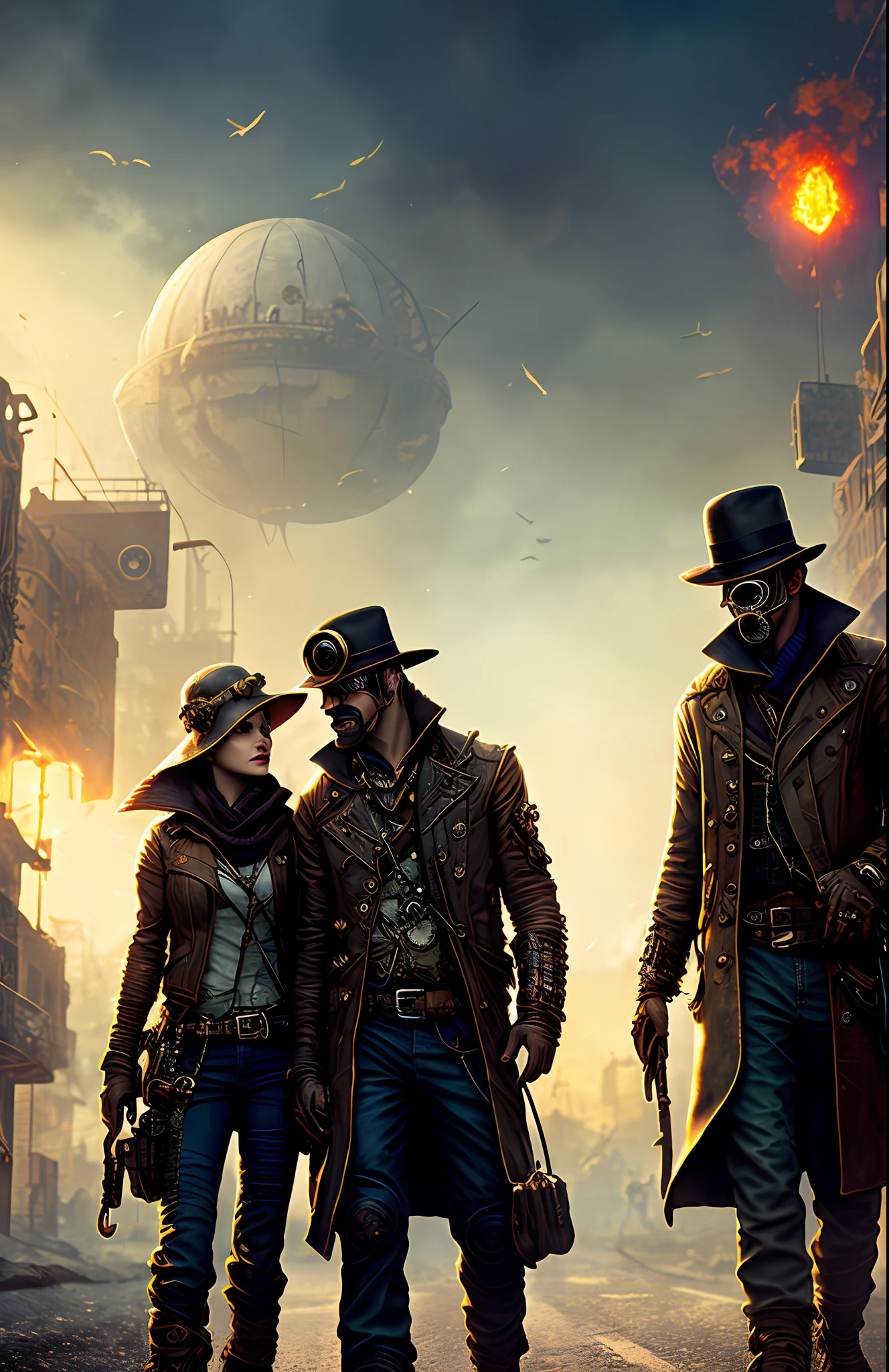 Surviving steampunk couple with torn clothing, hat, sunglasses, cigarette in mouth, use phone, alien structure, realistic, stylish, rutkowski, hdr, intricate details, hyperdetailed, cinematic, rim light, danger atmosphere, night, red light, destroyed street, 4k, fire, nuclear bomb, apocalyptic powder, Dune