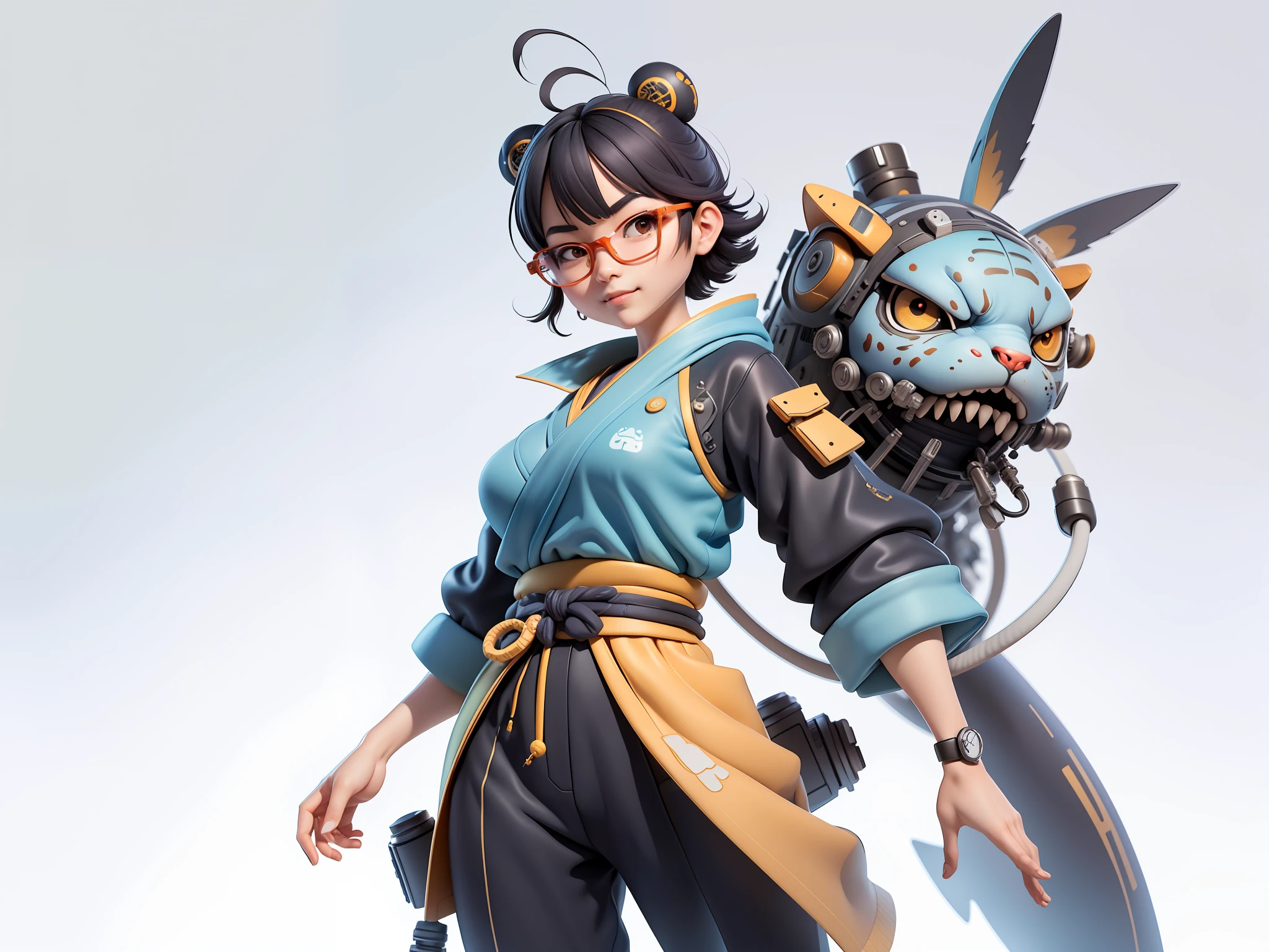 (Masterpiece), (Extreme Quality), (Super Meticulous), (Full Body: 1.2), Super Young Woman, Japanese Female Samurai Beautiful, Tiger, Sexy, Bursting, Oriental Face, TV Anchor, Bust Portrait Illustration, Alone, Black Suit, Blue Tie, Silver Glasses, Slightly Chubby Face, Very Clean Face, No Beard, Black Super Short Hair, Black Eyes, Confident Smile, 3c Computer Sub-Products, iPad, iPhone, Digital Painting, 3D Character Design by Mark Claireden and Pixar and Hayao Miyazaki, The illustration is a high-definition illustration in 4K resolution with very detailed facial features and cartoon-style visuals.