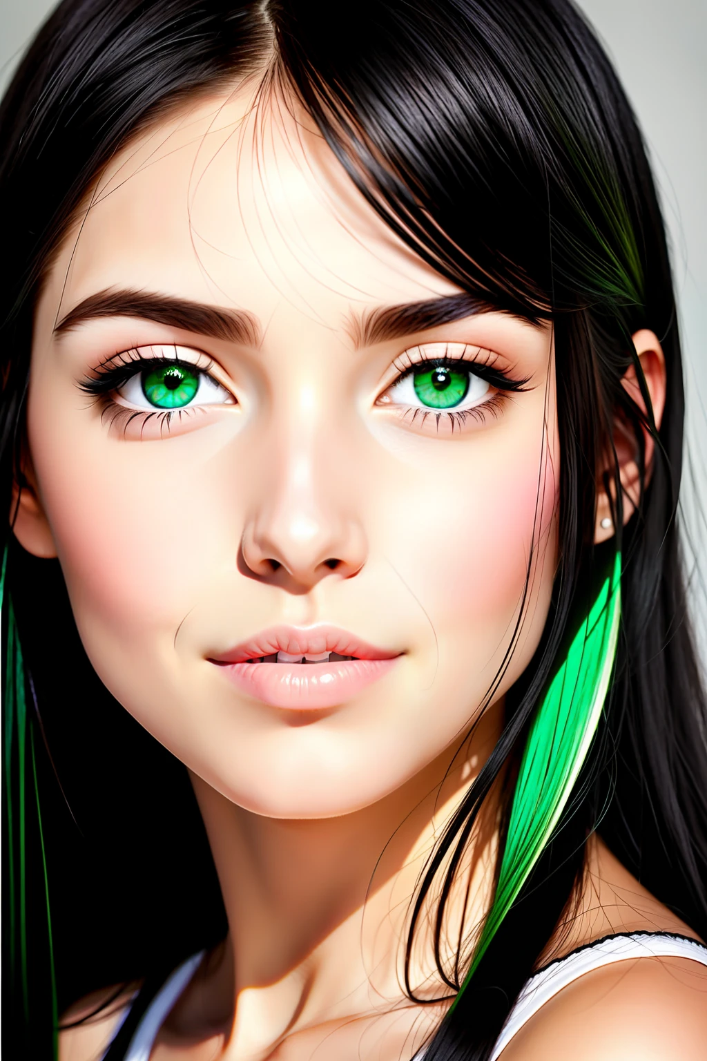 Black hair, girl, green eyes